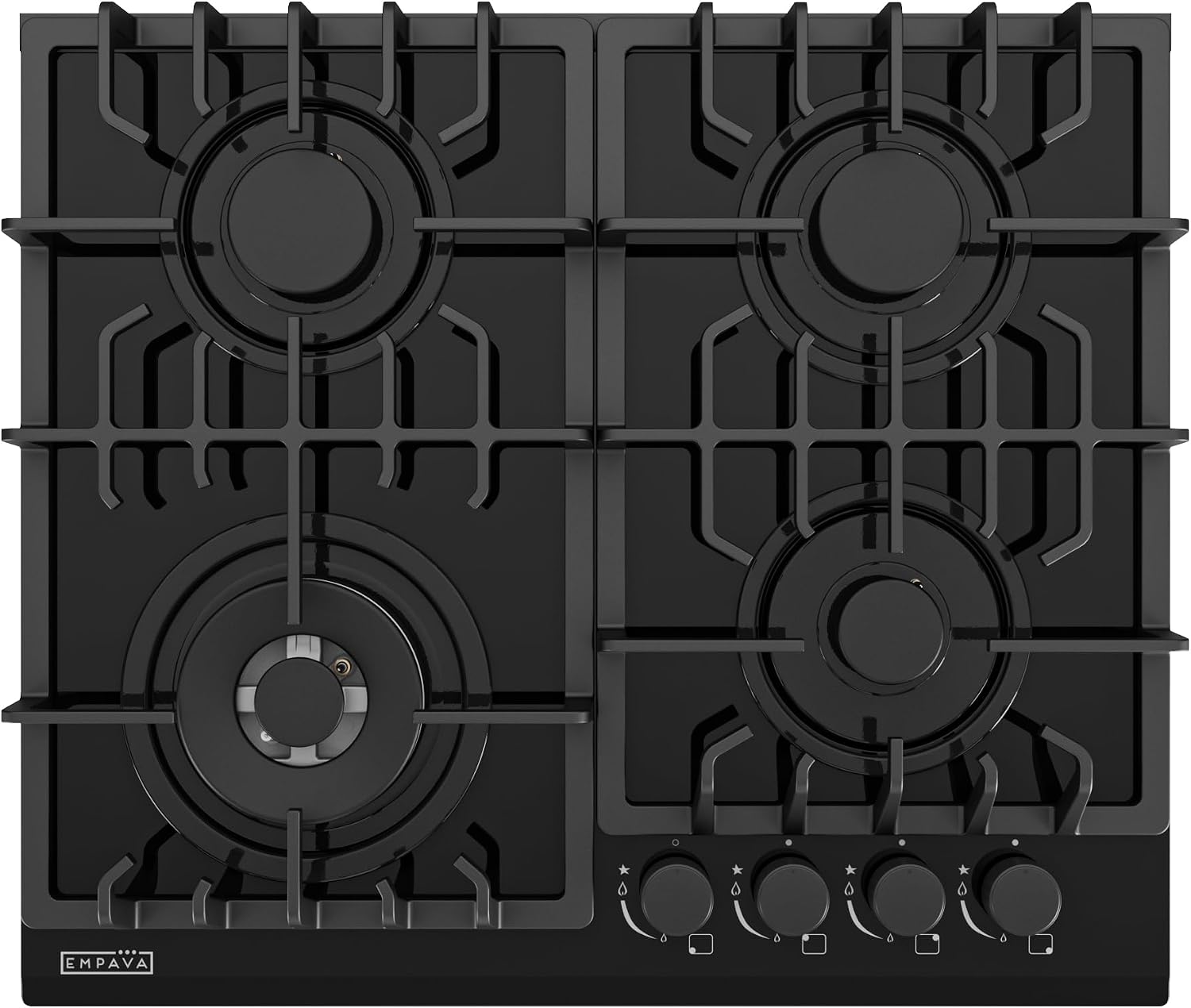 Empava 24 in. Gas Stove Cooktop with 4 Sealed Burners-Heavy Duty Continuous Grates-NG/LPG Convertible-Black Tempered Glass Surface, 24 Inch