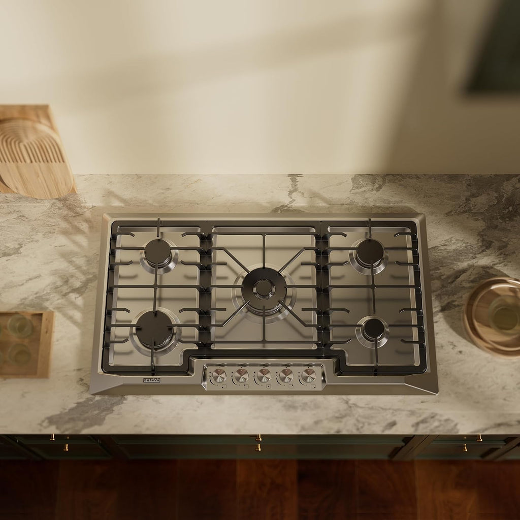 Empava 36 Inch Gas Stove Cooktop 5 Italy Sabaf Sealed Burners NG/LPG Convertible in Stainless Steel