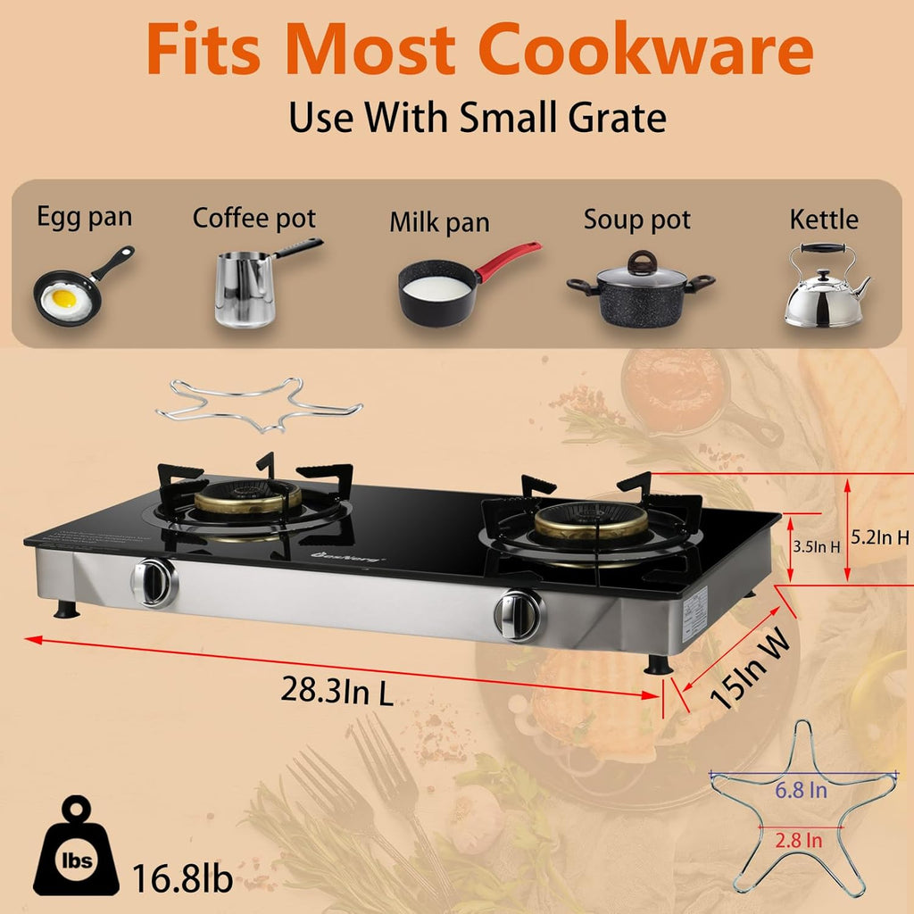 2 Burner Propane Gas Stove with Auto Ignition, 29000 BTU High-Efficiency Heavy-Duty Tempered Glass Cooktop, CSA Regulator & Hose Included, for Outdoor Camping Emergency
