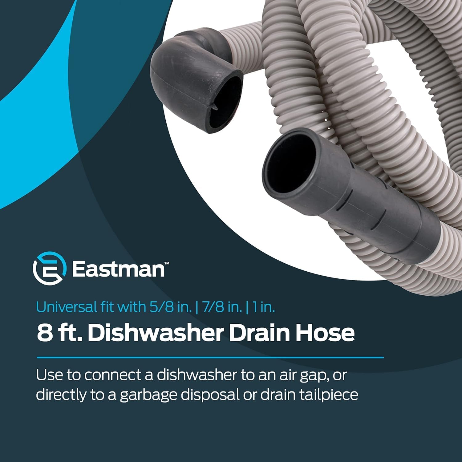 Eastman 8 Foot Dishwasher Drain Hose, Universal Fit with 5/8 In, 7/8 or 1 In OD Drain Outlet, 90 Degree Rubber Elbow, Corrugated, Gray PVC, 91218 (Pack of 8)