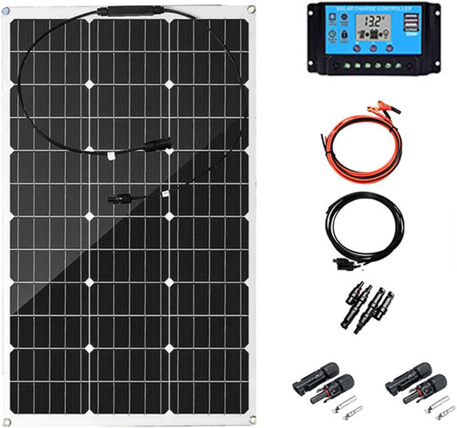 300 Watt 12 Volt Flexible Monocrystalline Solar Panel High Efficiency PV Module with 40A Charge Controller Extension Cable for RV Trailer Marine Rooftop Home Farm Off-Grid System 1 * 300W