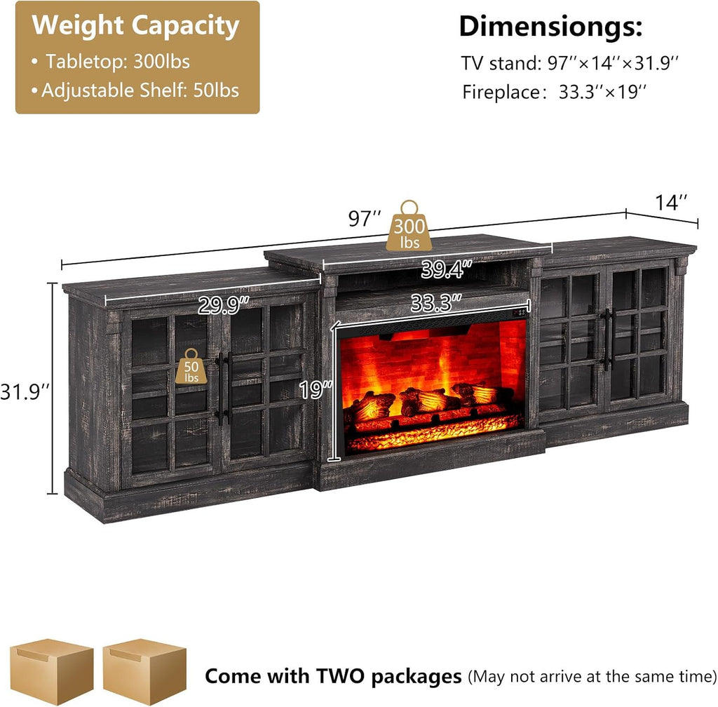 LUXOAK 97' Farmhouse TV Stand with 33' Fireplace for TVs up to 100', Media Entertainment Center with Large Storage Cabinet and Adjustable Shelves for Living Room, Rustic Black