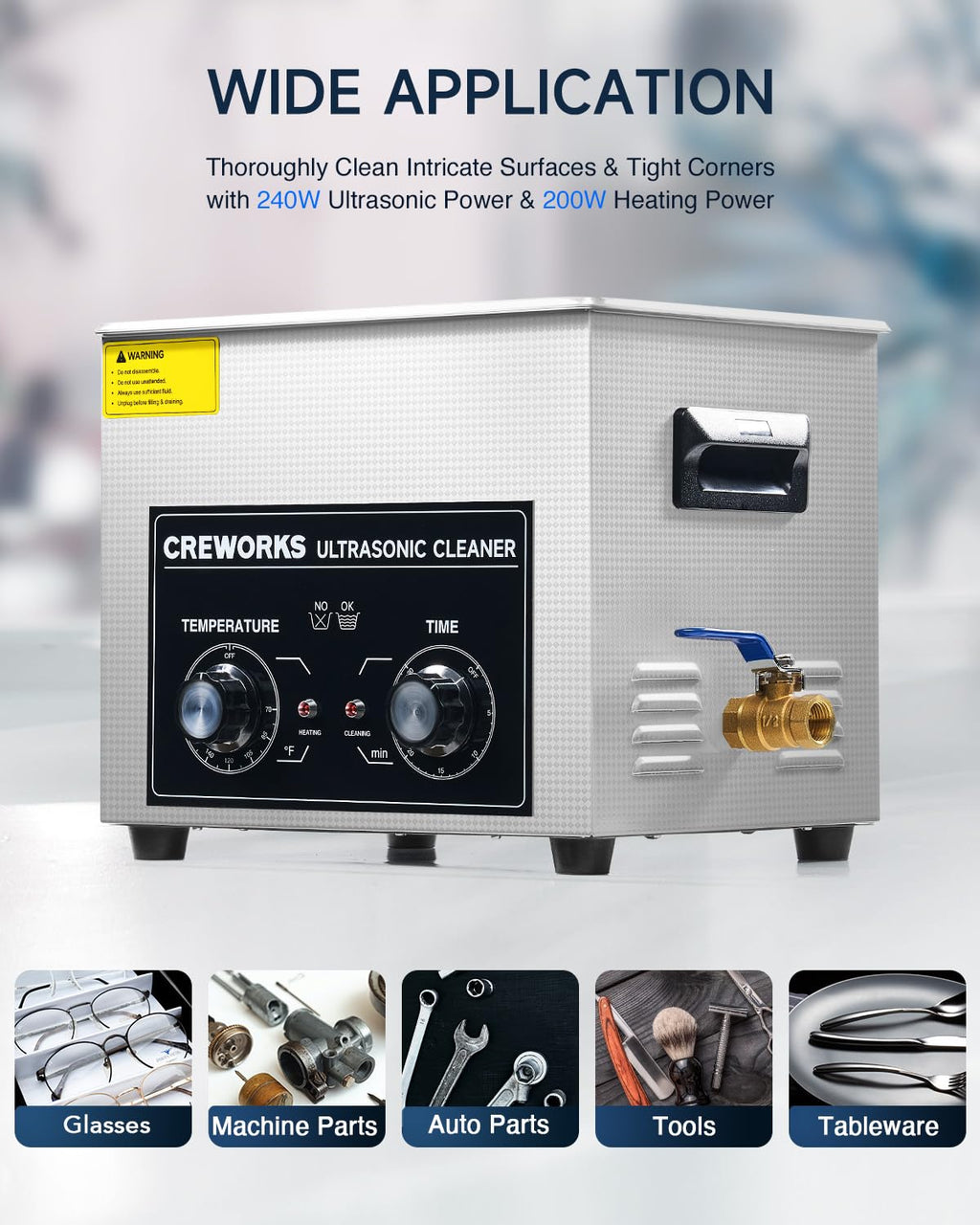 CREWORKS 10L Ultrasound Cleaning Machine with Heater and Timer, 240W Stainless Steel Ultrasonic Washing Machine, 2.6 gal Professional Ultrasound Parts Cleaning Machine for Lab Tool Glasses Auto Part