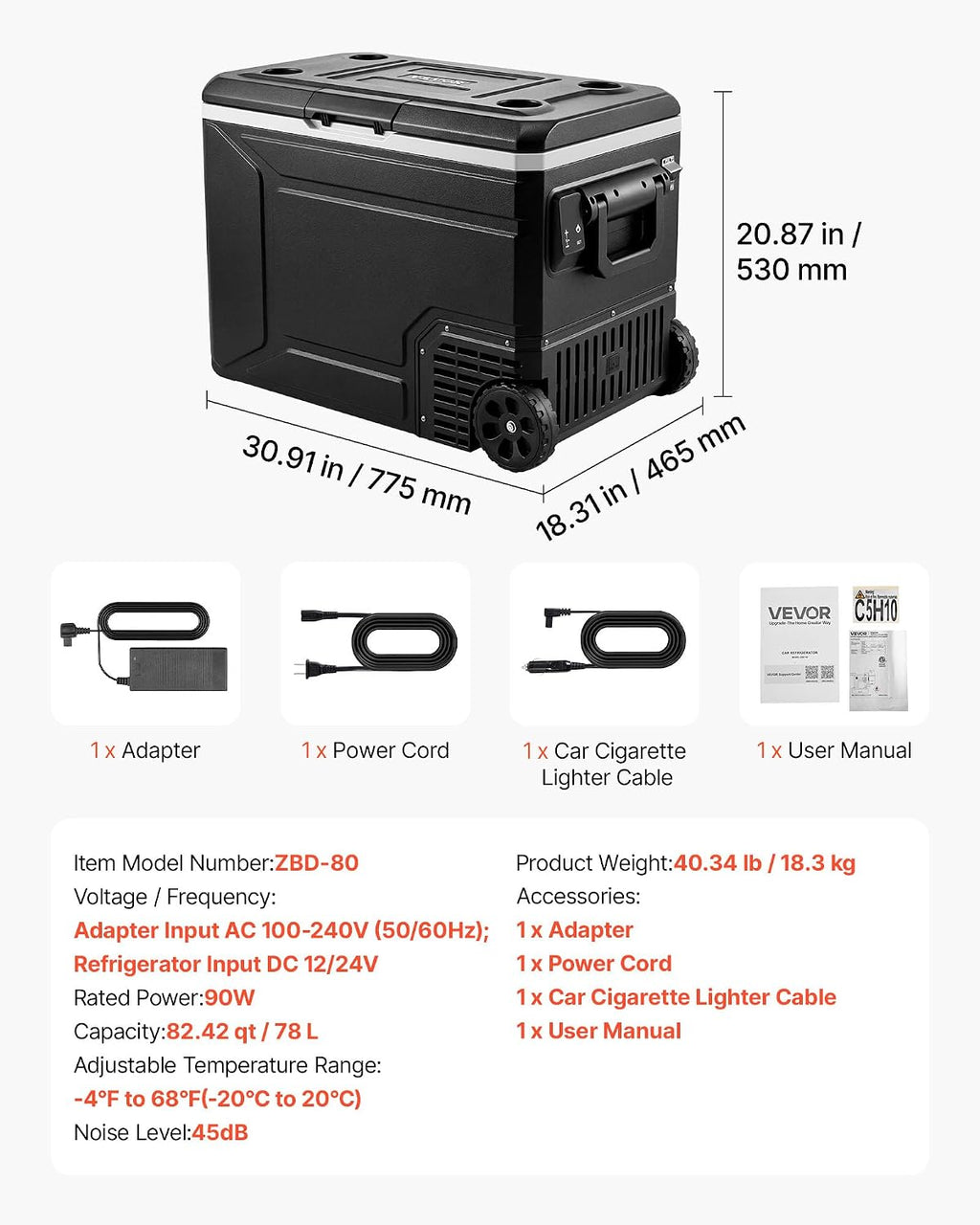 VEVOR 12 Volt Refrigerator, 82.4 QT/ 78L Car Fridge, Portable Electric Freezer Compressor with Handle, APP Control and Wheel, 12V/24V DC 100-240V AC, -4℉ to 68℉, for Truck Van RV SUV Travel Camping