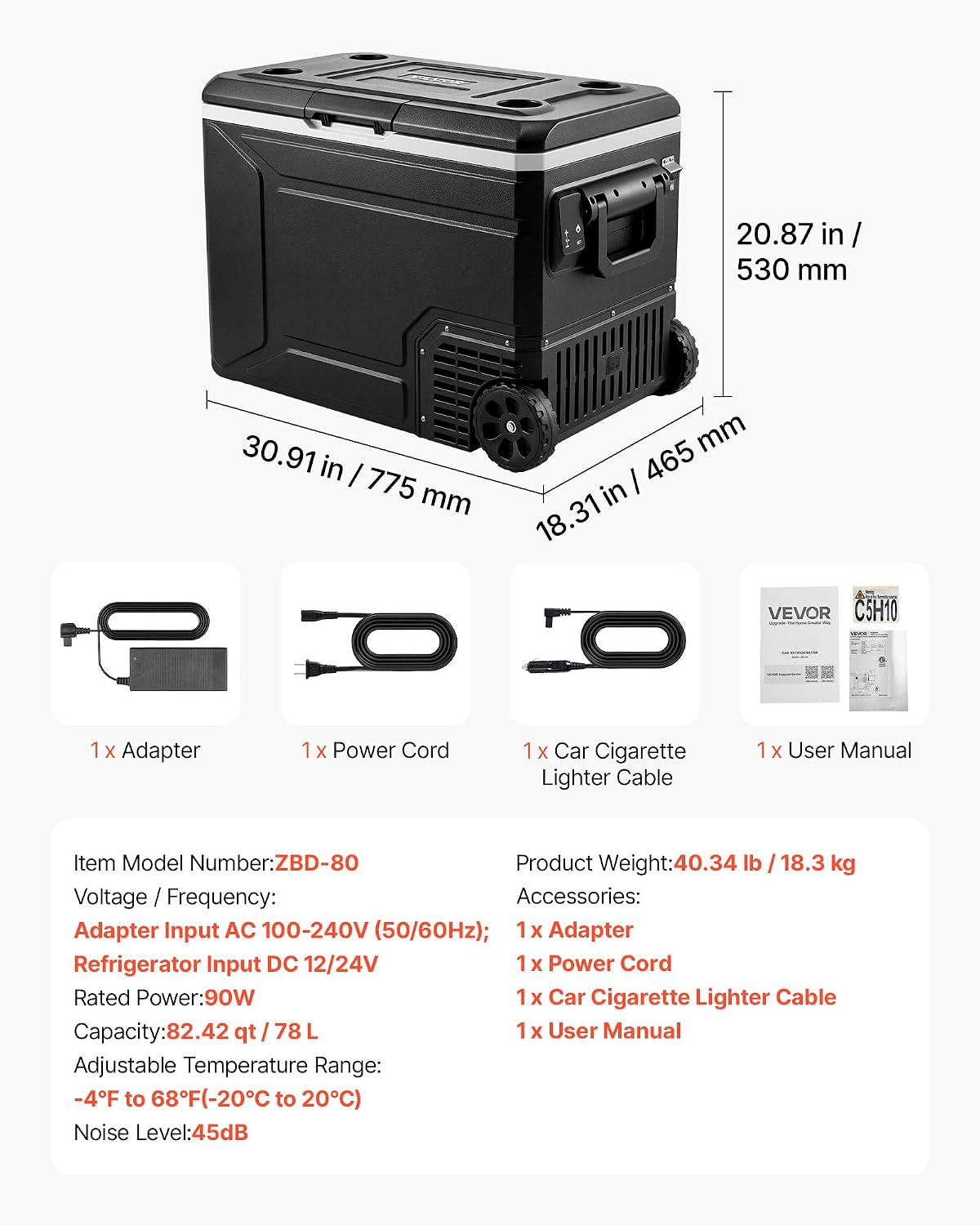 VEVOR 12 Volt Refrigerator, 82.4 QT/ 78L Car Fridge, Portable Electric Freezer Compressor with Handle, APP Control and Wheel, 12V/24V DC 100-240V AC, -4℉ to 68℉, for Truck Van RV SUV Travel Camping
