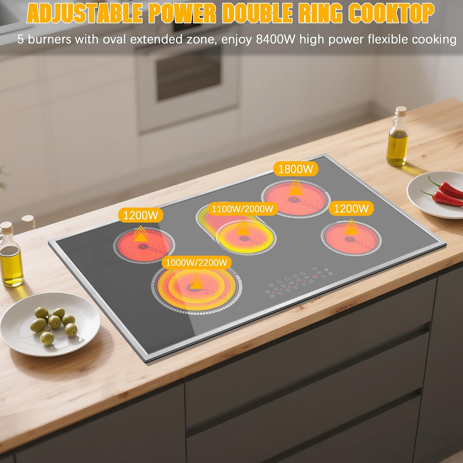 Electric Cooktop 36 Inch, 5 Burners Electric Stove Top Touch Control, 8400W Built-in Ceramic Stovetop 36' with Expandable Zone, Child Lock, Timer, Pause Control, 220-240v Hardwired (No Plug)
