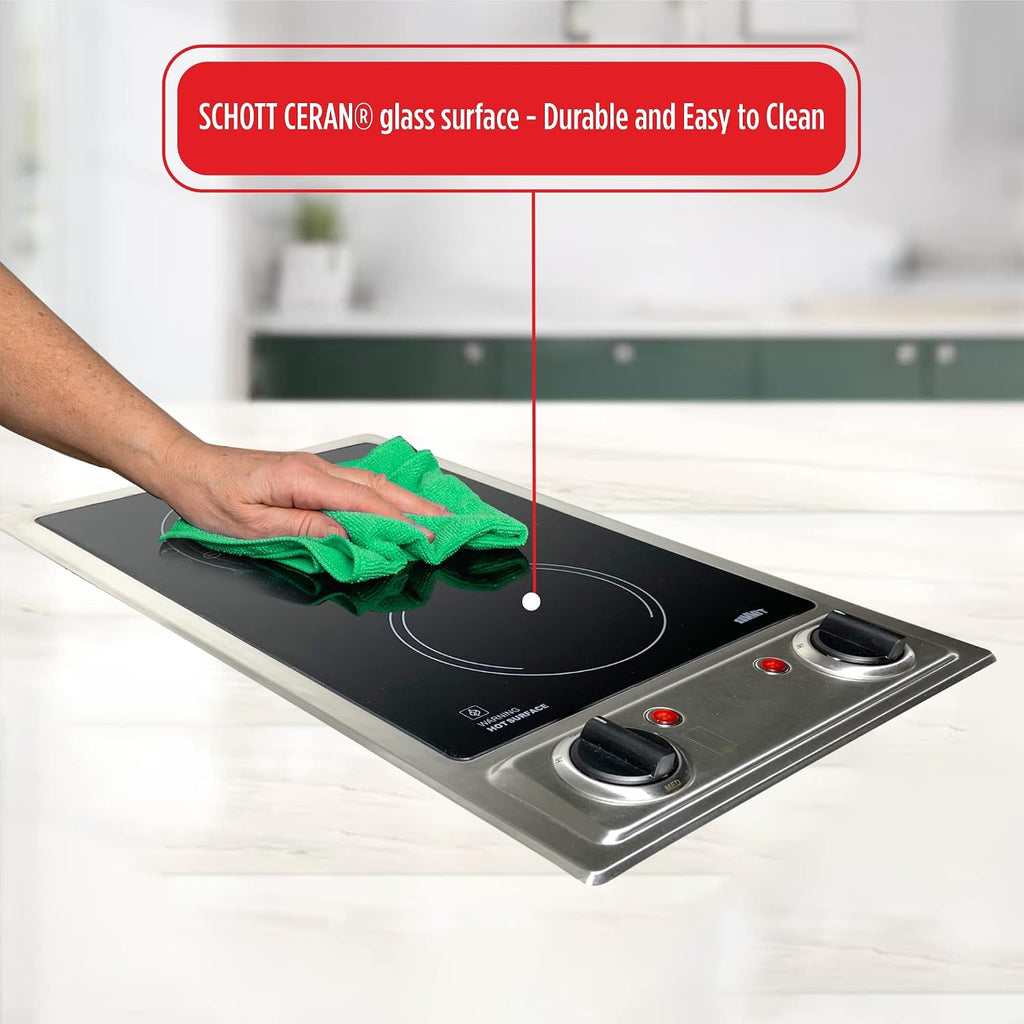 Summit CR2B120 12-inch Wide 115V 2-Burner Radiant Electric Cooktop, Jet Black Glass Easy to Clean, Two Burner Total 2400W, Push-to-Turn Knob Control, Indicator Light, Hot Warning, Easy Plug-In