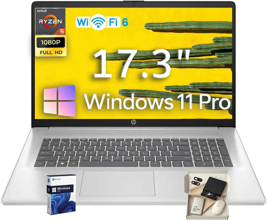 HP 17.3' Laptop for Business and Students, AMD Ryzen 5 7430U(12-Thread), 17.3' FHD (1920 x 1080) IPS Display, Wi-Fi 6, Win 11 Pro, 16 GB RAM, 512GB SSD, Natural Silver