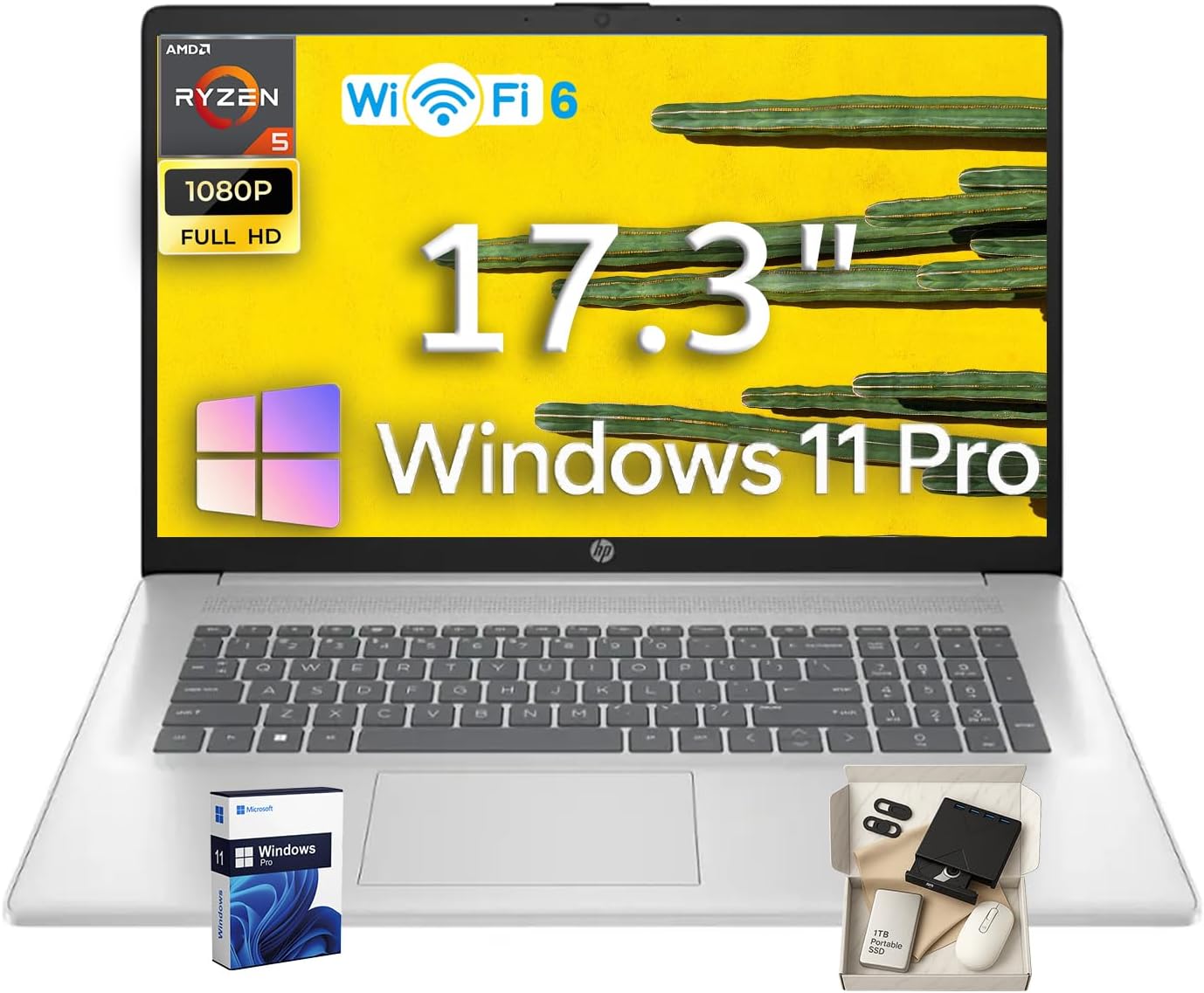 HP 17.3' Laptop for Business and Students, AMD Ryzen 5 7430U(12-Thread), 17.3' FHD (1920 x 1080) IPS Display, Wi-Fi 6, Win 11 Pro, 64 GB RAM, 2TB SSD, Natural Silver