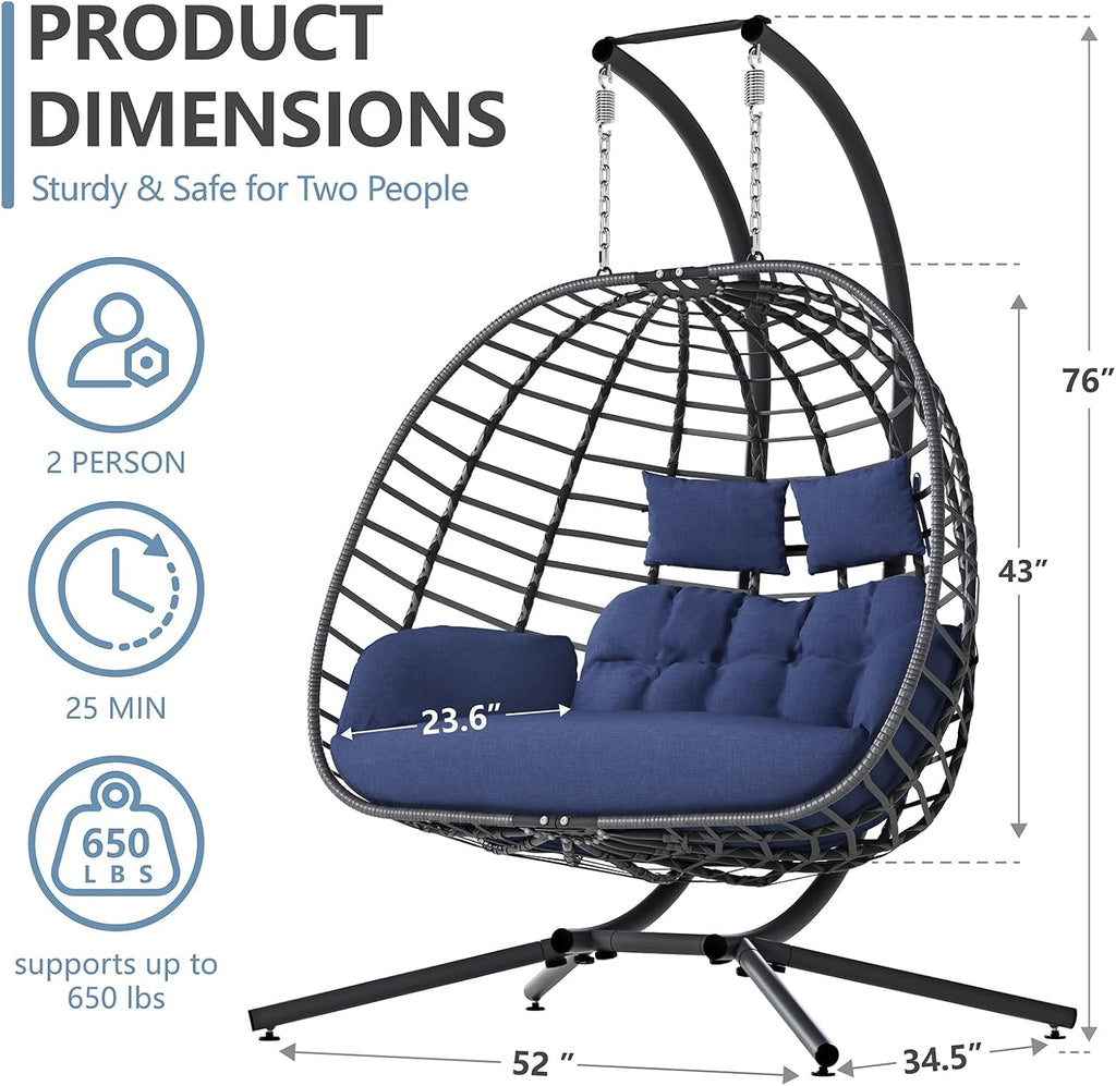 SWITTE Double Hanging Egg Chair with Stand, Outdoor Patio 2 Person Wicker Hammock Swing Chairs with Cushion for Indoor Bedroom, Lawn, Garden-Dark Blue