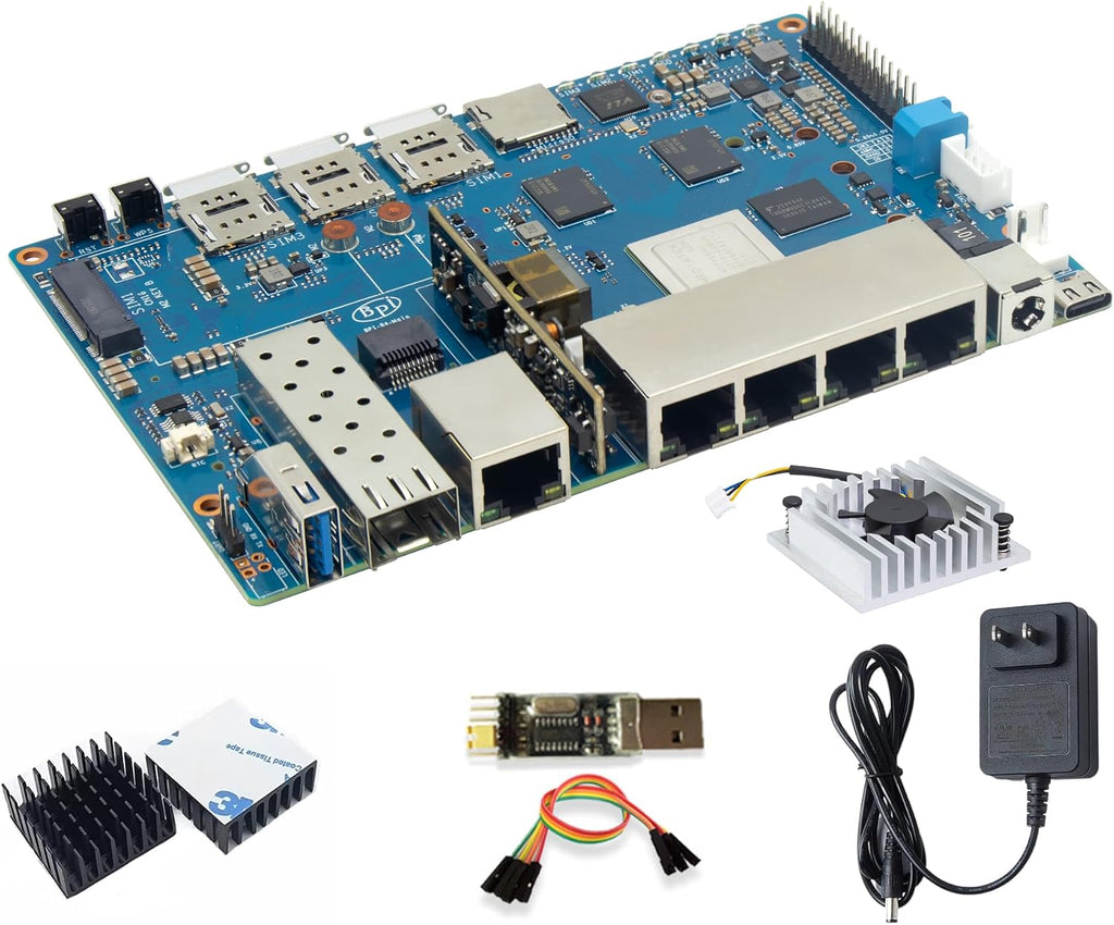 Banana Pi BPI-R4 WiFi 7 Wireless Dual-Band WiFi Router Board OpenWRT, with MediaTek MT7988A (Filogic 880) SoC, Support 2X 10GbE SFP and 4X GbE Gigabit Ethernet for NAS Smart Home Gateway (POE SET2)