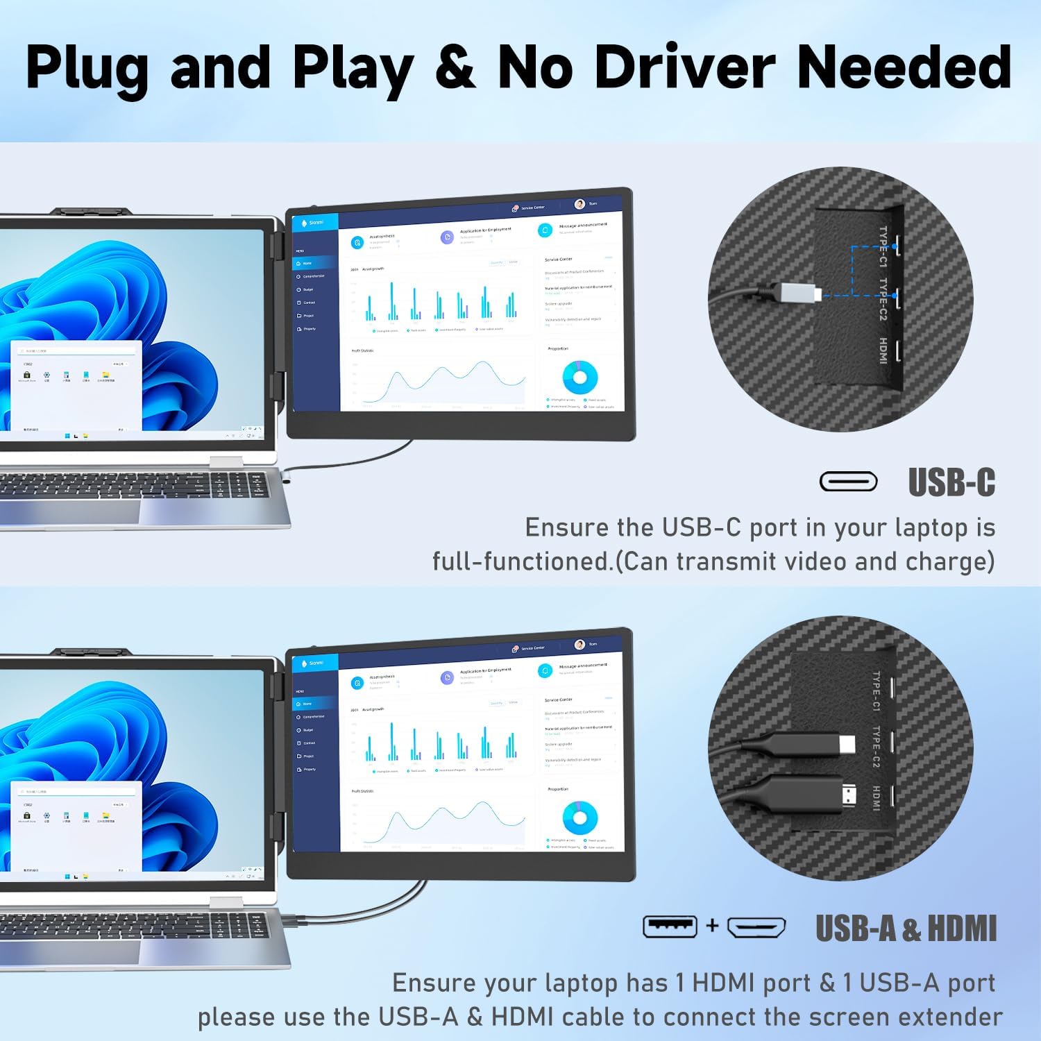 KEFEYA Laptop Screen Extender, 14' Portable Monitor for Laptops 13-17', 1080P FHD IPS Monitor Extender for Laptop with USB-C/HDMI Port, Plug n Play for Windows/Chrome/Mac/Switch/PS5