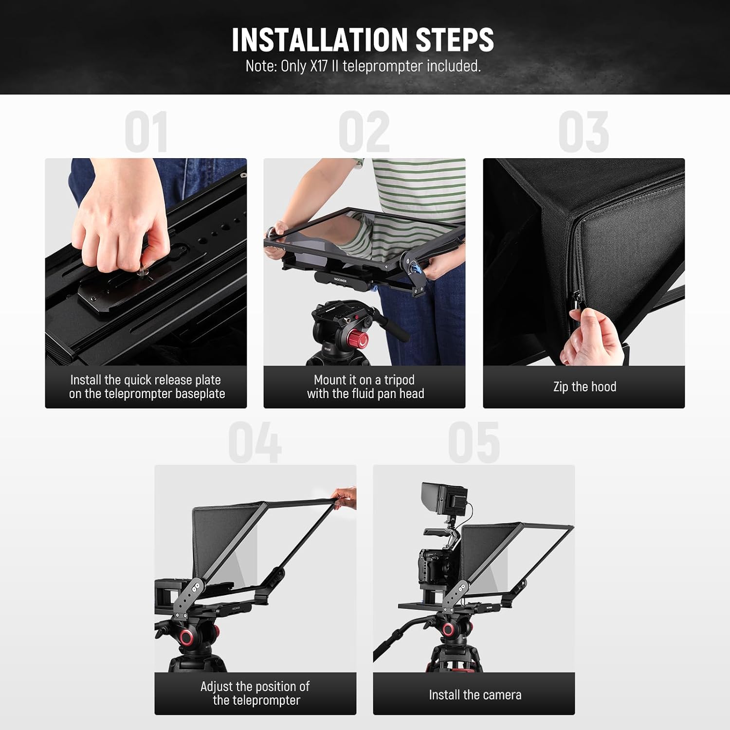 NEEWER Teleprompter X17 II with RT113 Remote/APP Control, 17' HD Beamsplitter All Metal Frame Upgraded Camera Mount QR Plate Compatible with Manfrotto 501PL iPad iPhone, Max Load 44.1Ib, Assembly Free