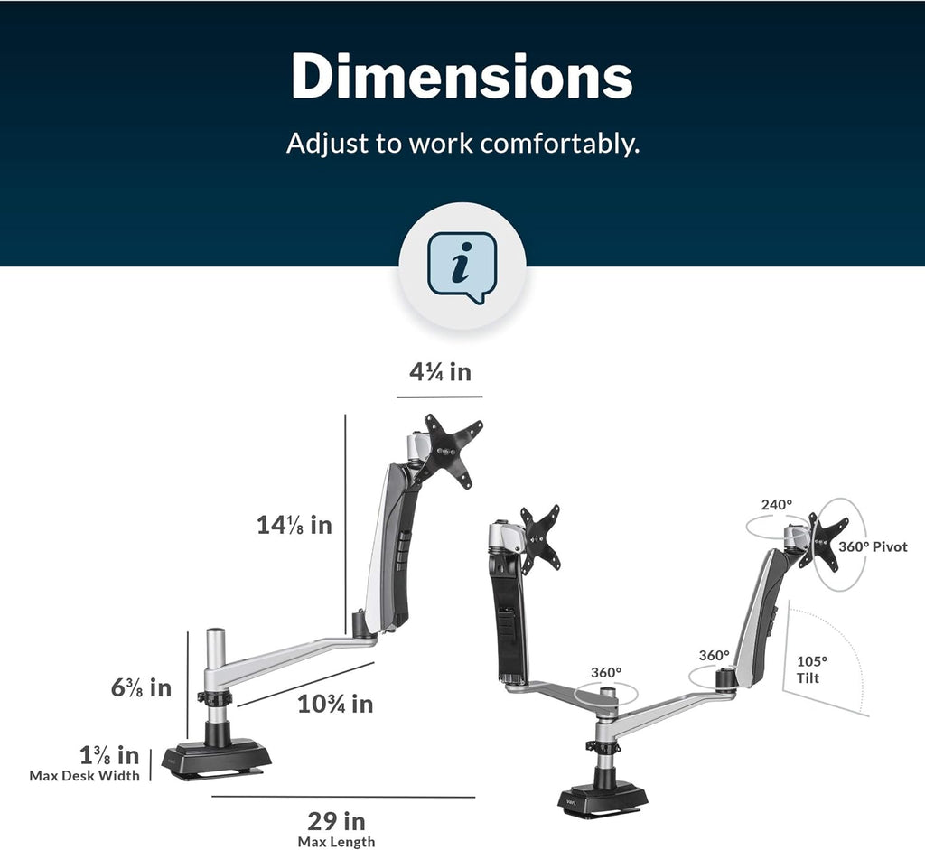 Vari Dual Monitor Arm - VESA Monitor Mount w/ 360 Degree Adjustment - Monitors up to 27 inches, 19.8 lbs - Double Monitor Arms with Full Adjustability - Computer Monitor Stand for Home or Office