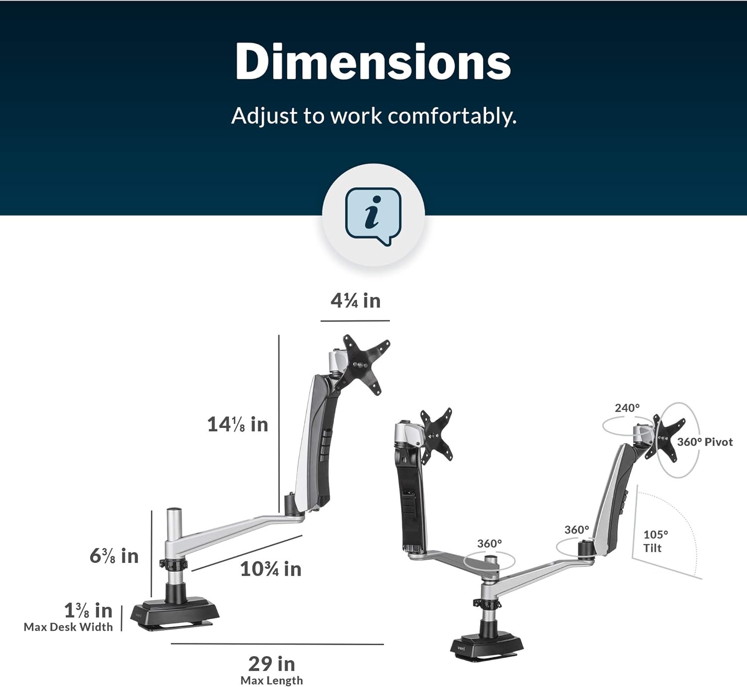 Vari Dual Monitor Arm - VESA Monitor Mount w/ 360 Degree Adjustment - Monitors up to 27 inches, 19.8 lbs - Double Monitor Arms with Full Adjustability - Computer Monitor Stand for Home or Office