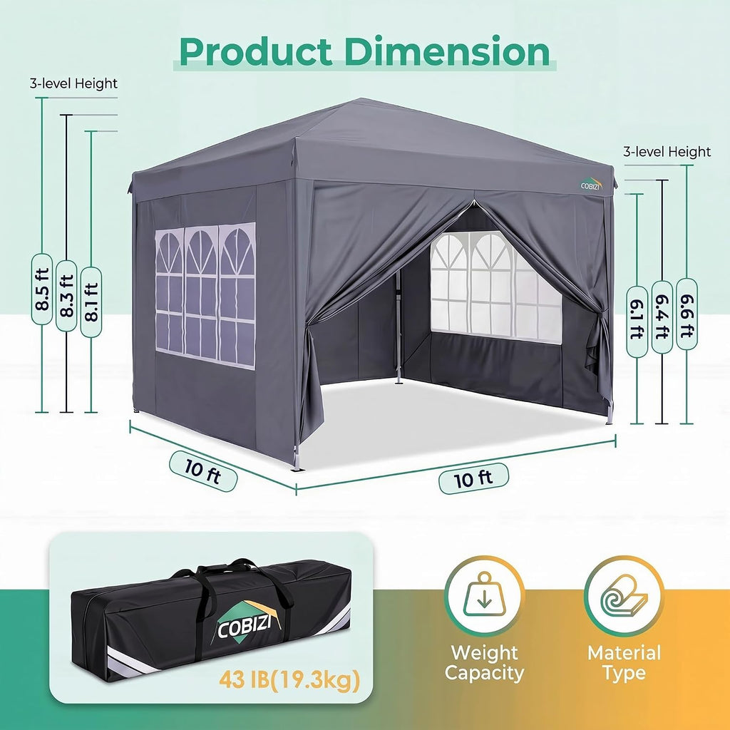 COBIZI 10x10 Pop up Canopy Tent, 10 by 10 Easy Setup Pop up Gazebo with 4 Sidewalls & Center Lock, Small Portable Instant Waterproof Outdoor Tent Canopy for Patio Backyard Vendor Event Sports (Gray)