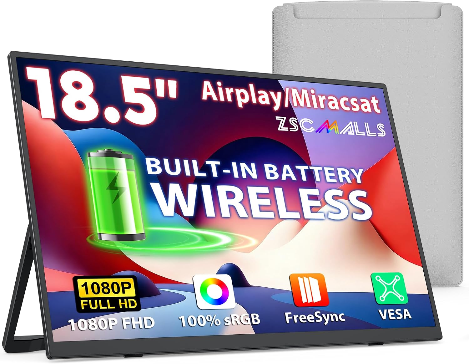 18.5' True Wireless Portable Monitor, 1080P FHD, 10000mAh Battery, Wireless Screen Mirroring (AirPlay/Miracast), Auto Rotation for Phone/Tablet, USB‑C & Mini HDMI, VESA, Protective Sleeve Included