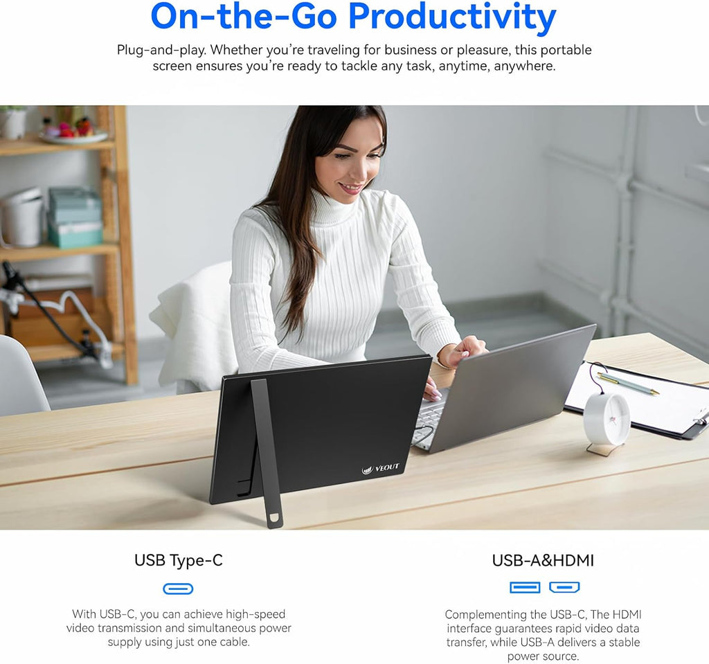 Veout 16' 1920×1200P IPS Portable Monitor for Laptop, Side/Vertical Monitor with Stand, USB-C & Mini HDMI, Second Screen for PC, MacBook, Phone & iPad, 4 Colors for Travel & Office