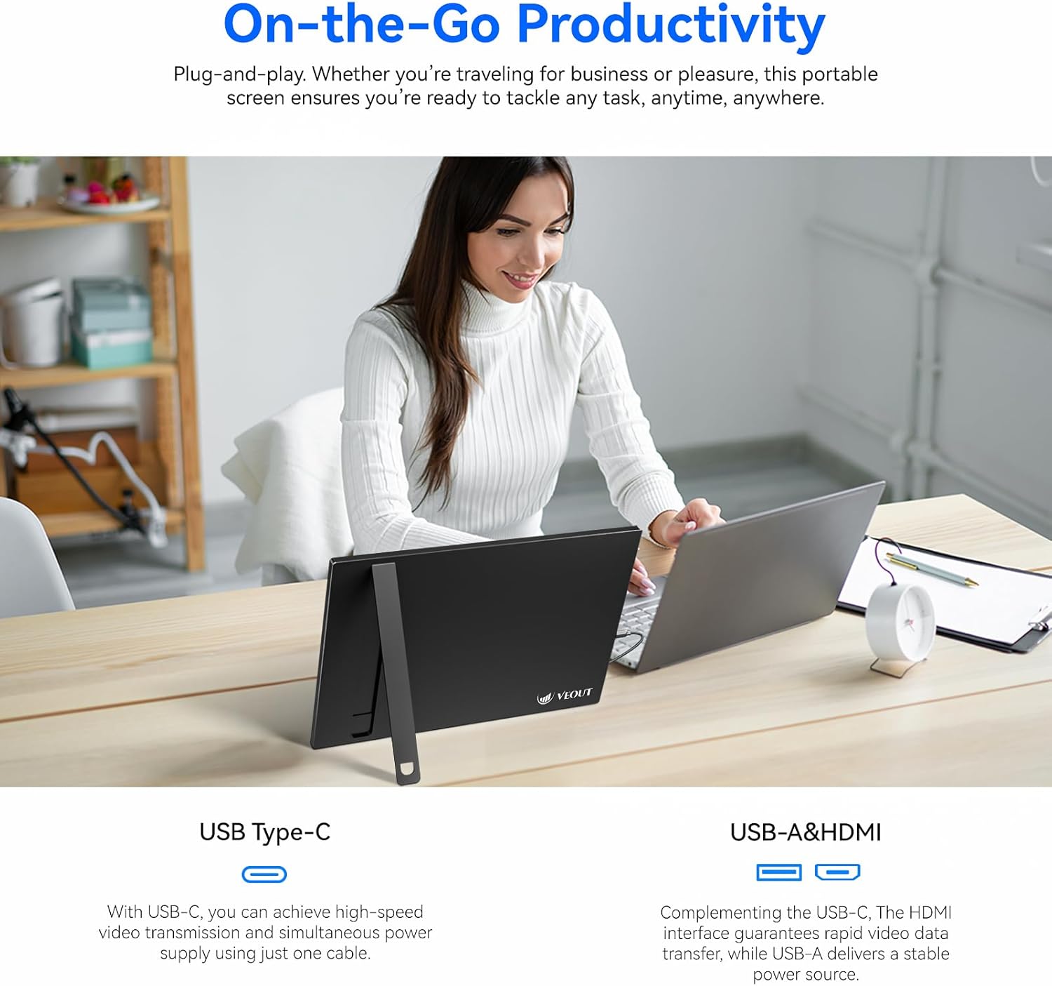 Veout 16' 1920×1200P IPS Portable Monitor for Laptop, Side/Vertical Monitor with Stand, USB-C & Mini HDMI, Second Screen for PC, MacBook, Phone & iPad, 4 Colors for Travel & Office