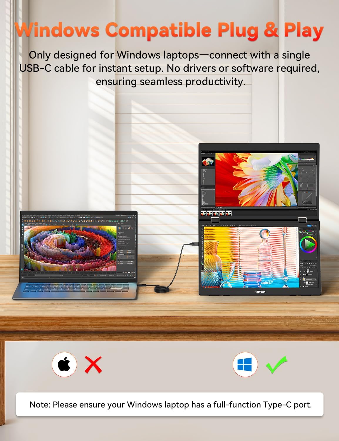 HotYeah Triple Laptop Screen Extender, 15.6' 1080P FHD IPS Folding Stacked Portable Dual Monitor, USB-C Travel Extended Computer Display w/VESA, 180° Rotation, Plug & Play (Windows Only)