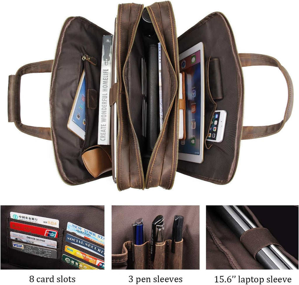 Augus Leather Briefcase for Men 15.6 Inch Laptop Bag Business Travel Large Capacity With Trolley Sleeve YKK Metal Zipper, Brown