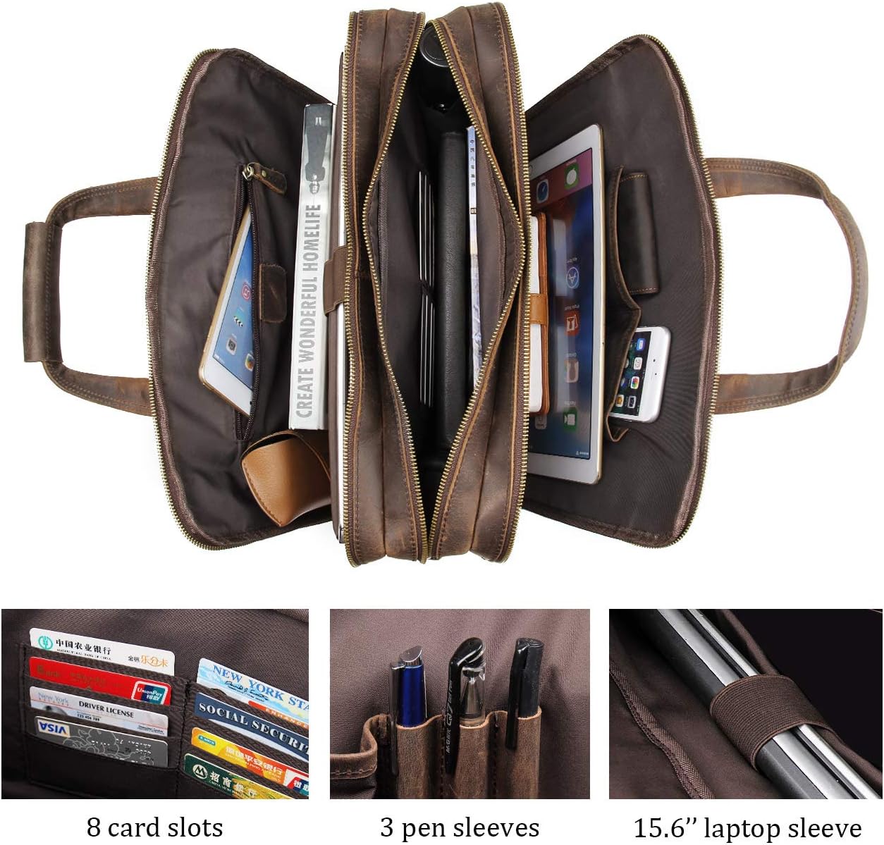 Augus Leather Briefcase for Men 15.6 Inch Laptop Bag Business Travel Large Capacity With Trolley Sleeve YKK Metal Zipper, Brown