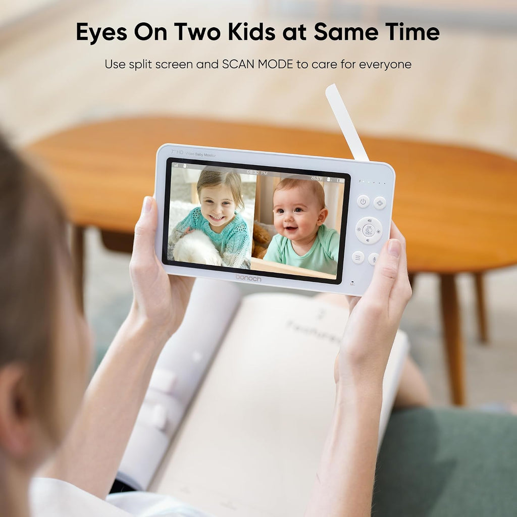 bonoch Upgraded 1080P Baby Monitor with 2 Cameras, 7' MegaView Split Screen Baby Monitor No WiFi, Dual Video Monitor with Camera and Audio, 6000mAh, White Noise, 2 Way Audio, PTZ, Night Vision