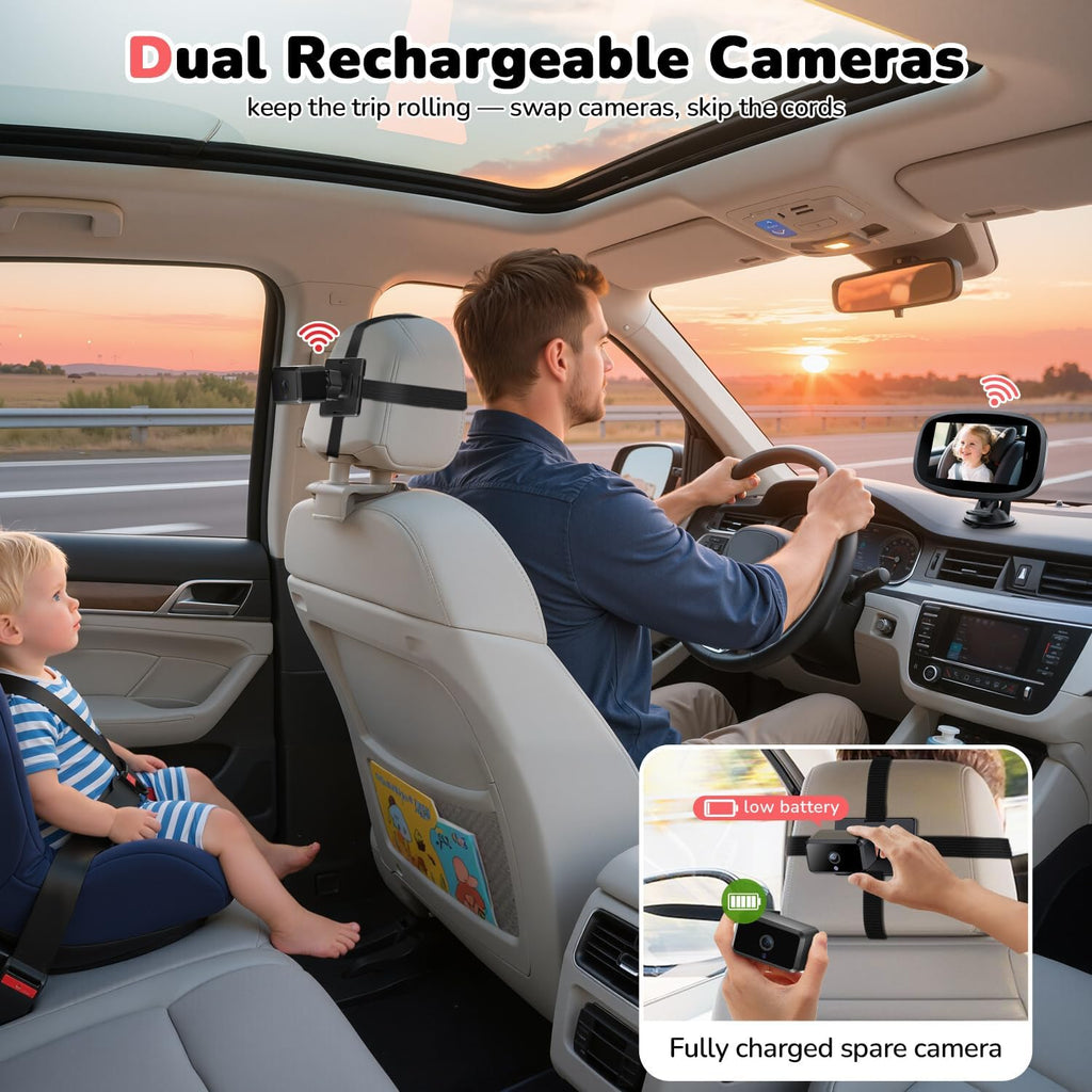 Itomoro Wireless Dual Baby Car Camera for 2 Kids, 5'' Rechargeable Split Screen HD Display with 2 Cameras, Car Monitor for Baby Max Range 1000FT, IR Night Vision, 360° Rotatable Rear Facing Mirrors