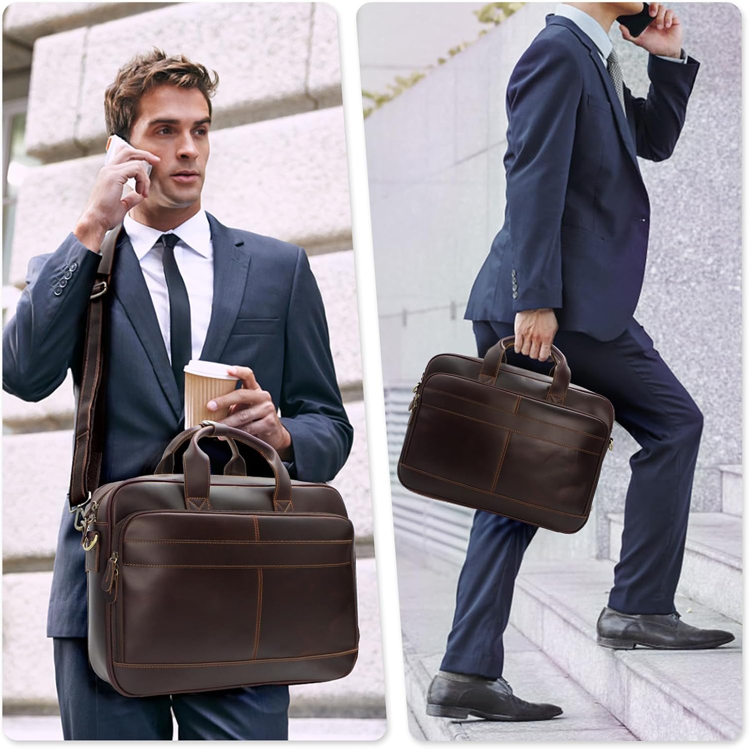 Jack&Chris Full Grain Leather Briefcase for Men, Business Messenger Bag Laptop Bag Attache Case, Fits 15.6 Inch Laptop