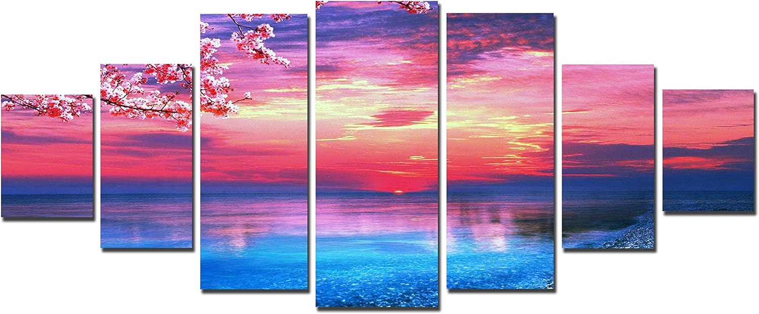 Startonight Huge Canvas Wall Art - Pink Sunset Beach - USA Large Home Decor - Dual View Surprise Artwork Modern Framed Wall Art Set of 7 Panels Total 40' x 95'