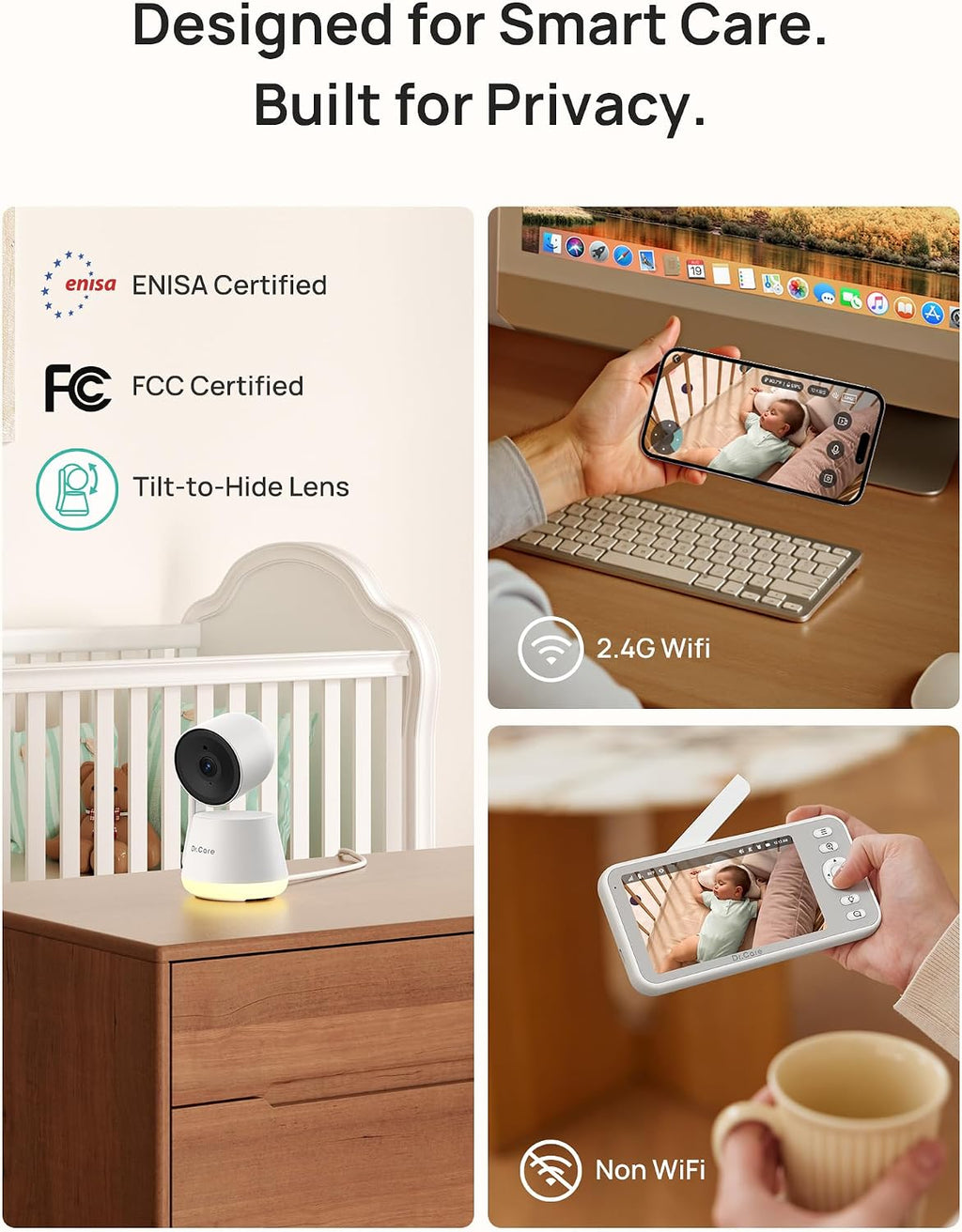 Dr.Care LumiView Smart WiFi Baby Monitor with 2 Cameras - 5' 1080P FHD & 2K Camera App Control, Privacy Mode, 5000mAh Removable Battery, Cry & Motion Alerts, HD Night Vision, Multi-User,1279ft Rang