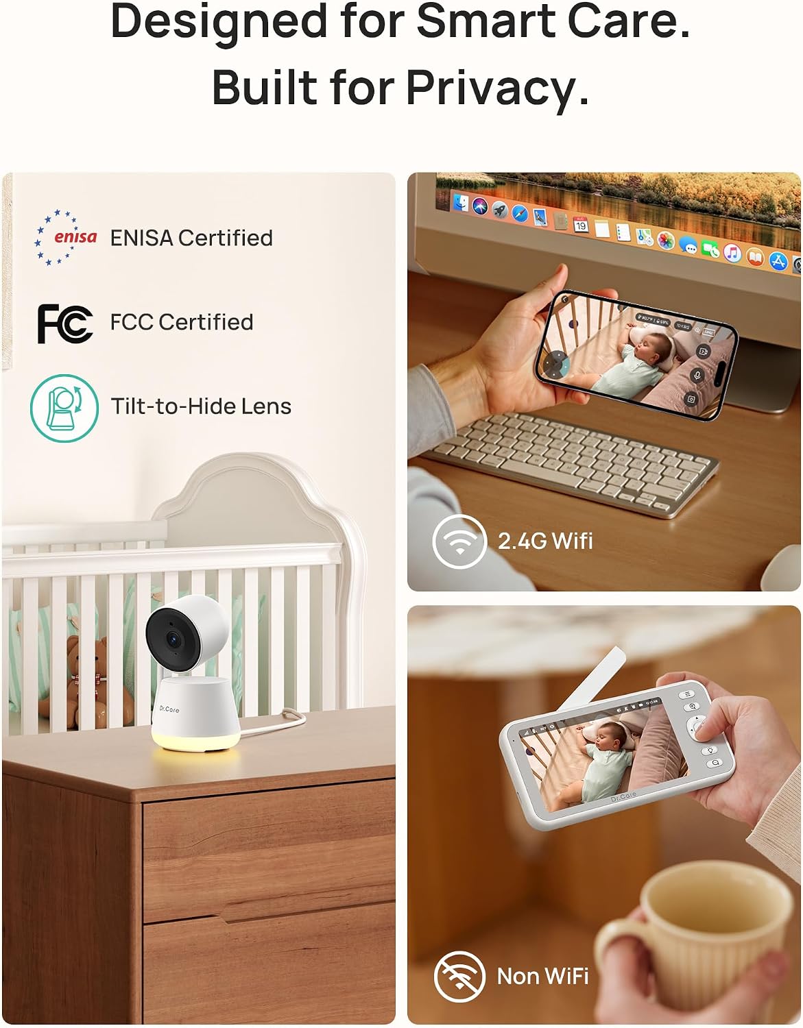 Dr.Care LumiView Smart WiFi Baby Monitor with 2 Cameras - 5' 1080P FHD & 2K Camera App Control, Privacy Mode, 5000mAh Removable Battery, Cry & Motion Alerts, HD Night Vision, Multi-User,1279ft Rang