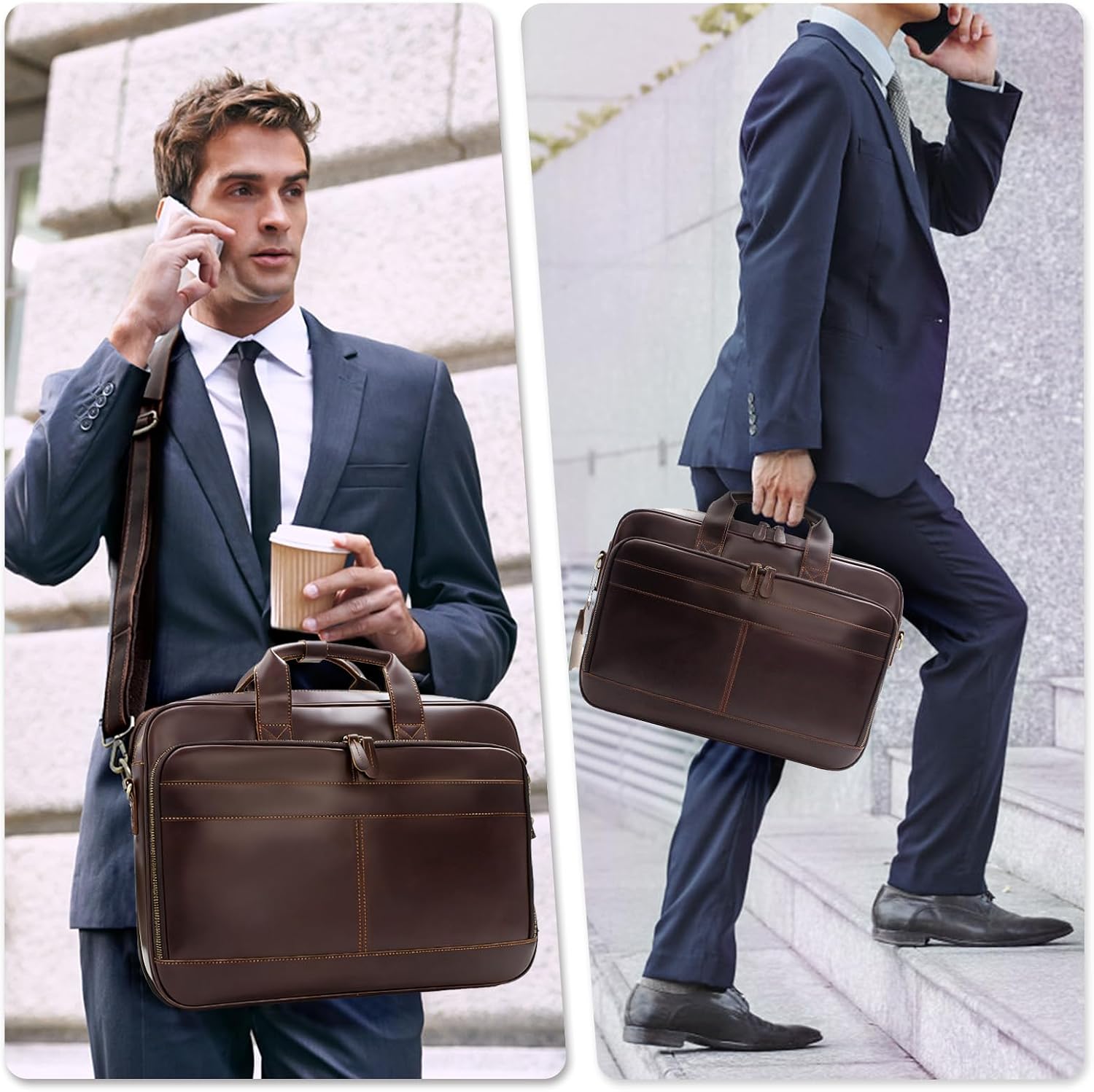 Jack&Chris Full Grain Leather Briefcase for Men, Business Messenger Bag Laptop Bag Attache Case, Fits 15.6 Inch Laptop