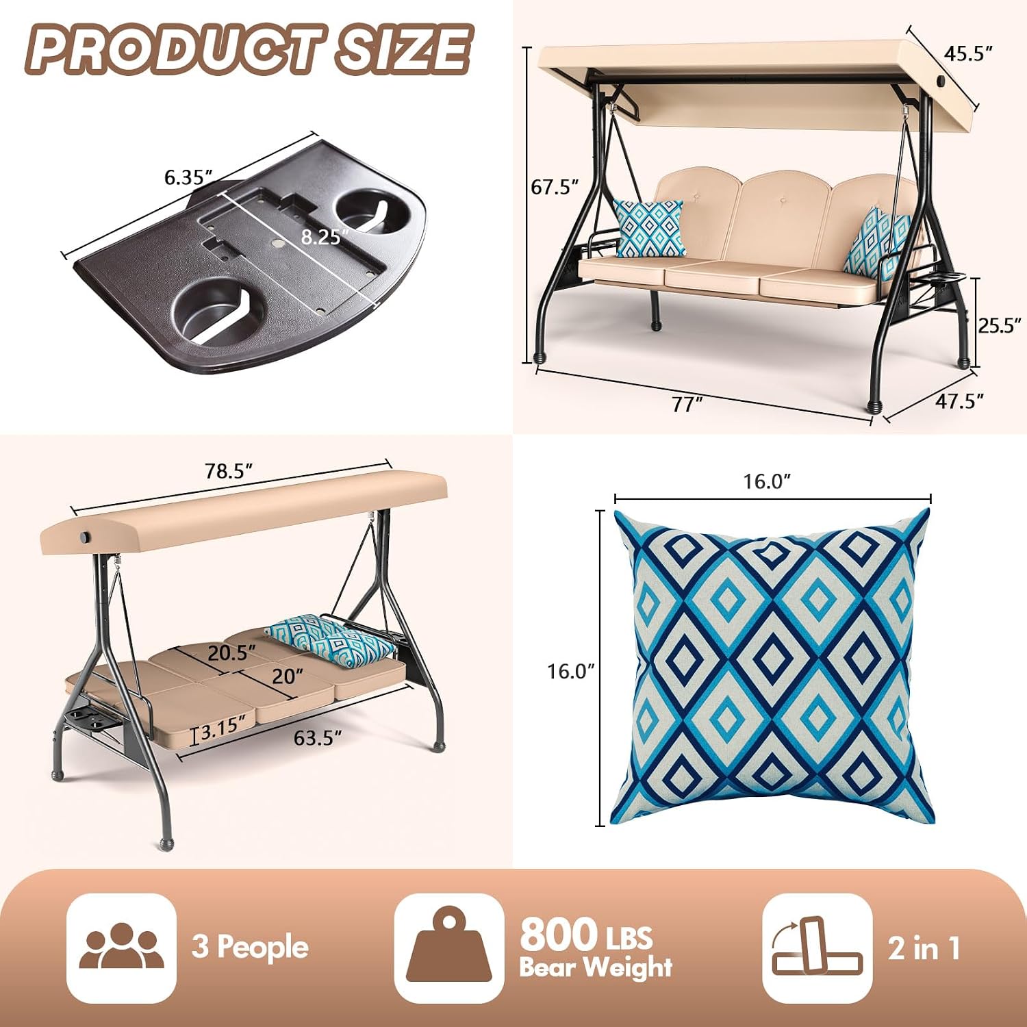 ZZW 3 Seat Outdoor Porch Patio Swing with Stand 800lbs 2-in-1 Convertible Swing Bed with Adjustable Canopy & Removable Cushion for Yard Garden Deck (Khaki, Round Tube)
