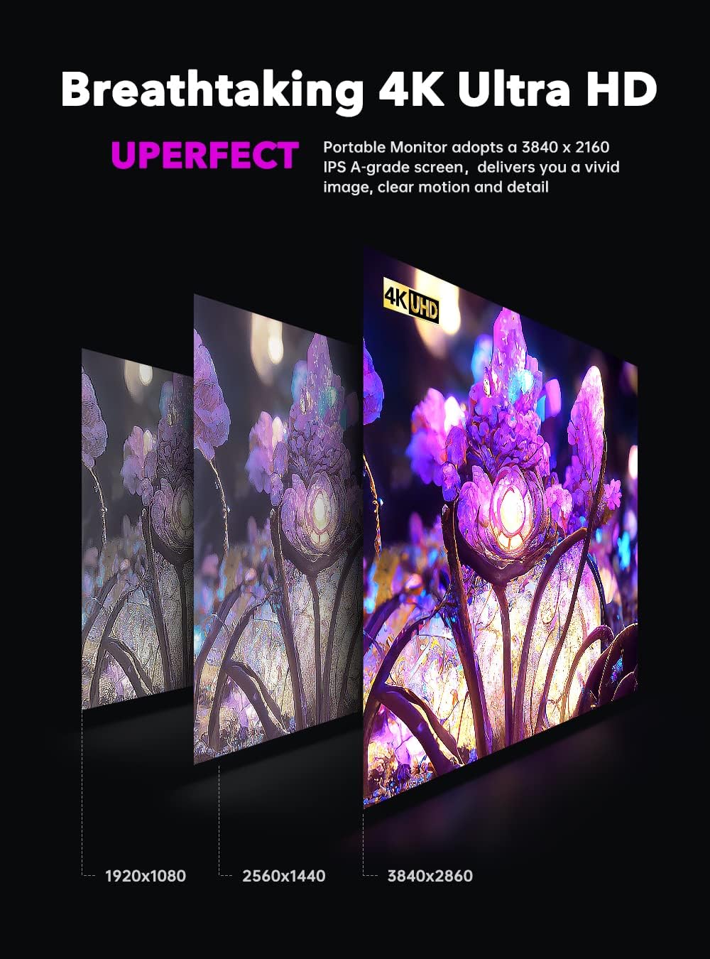 UPERFECT 17.3'' 4K Portable Monitor QLED, 600 Nits 150% sRGB UHD FreeSync HDR 2 Speakers Eye Care Travel Monitor, 2 Fully Functional Type-C Port & HDMI for Laptop PC Phone, VESA & Stand