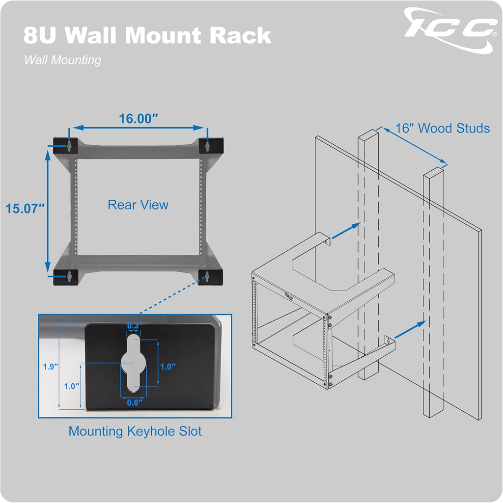 ICC 8U Wall Mount 19″ Open Frame Server Rack – 18″ Deep Cold-Rolled Steel, 125 lb Load Capacity – Network Rack for Patch Panels, Switches, AV, IT & Telecom Equipment Installations