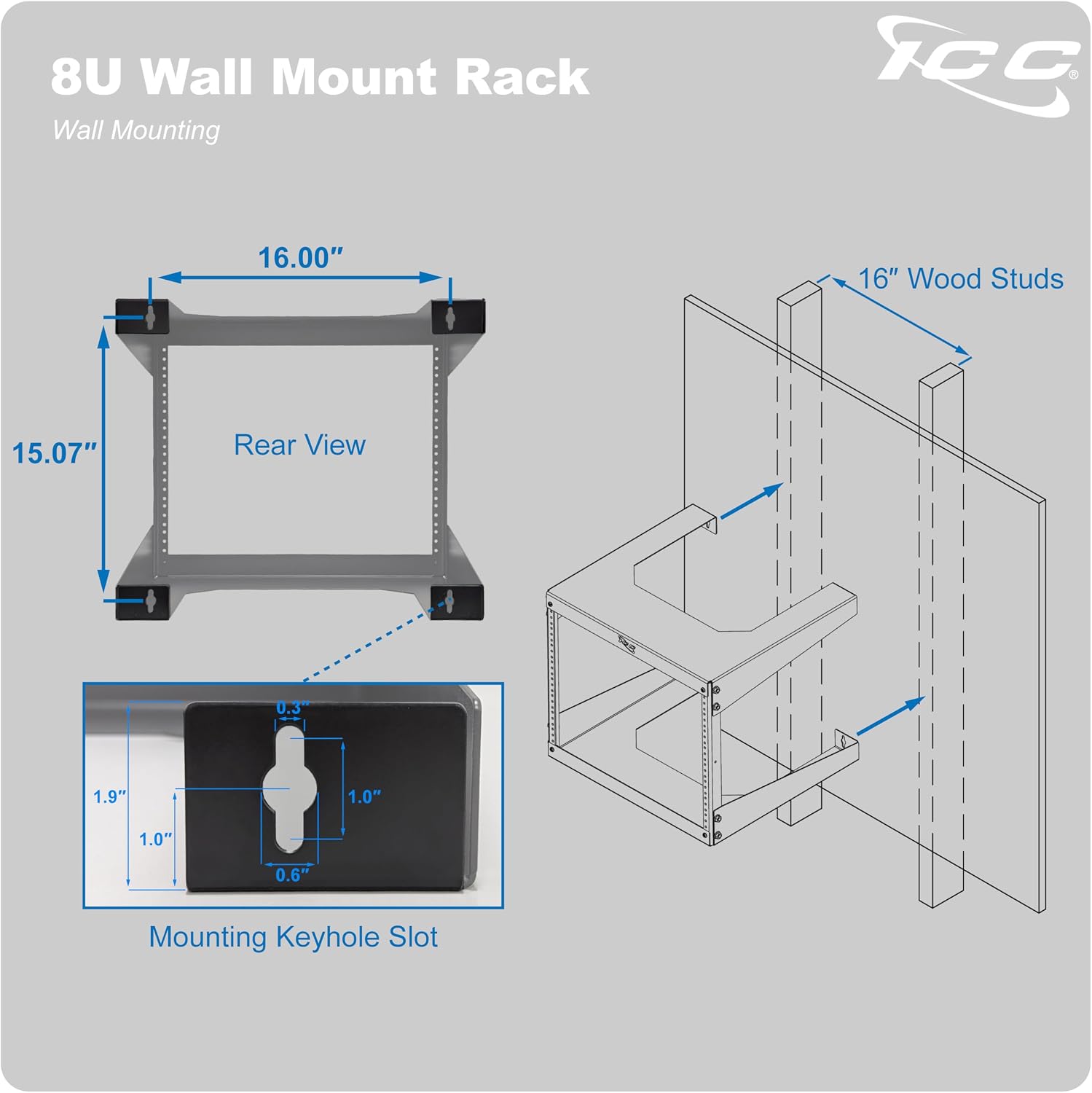 ICC 8U Wall Mount 19″ Open Frame Server Rack – 18″ Deep Cold-Rolled Steel, 125 lb Load Capacity – Network Rack for Patch Panels, Switches, AV, IT & Telecom Equipment Installations