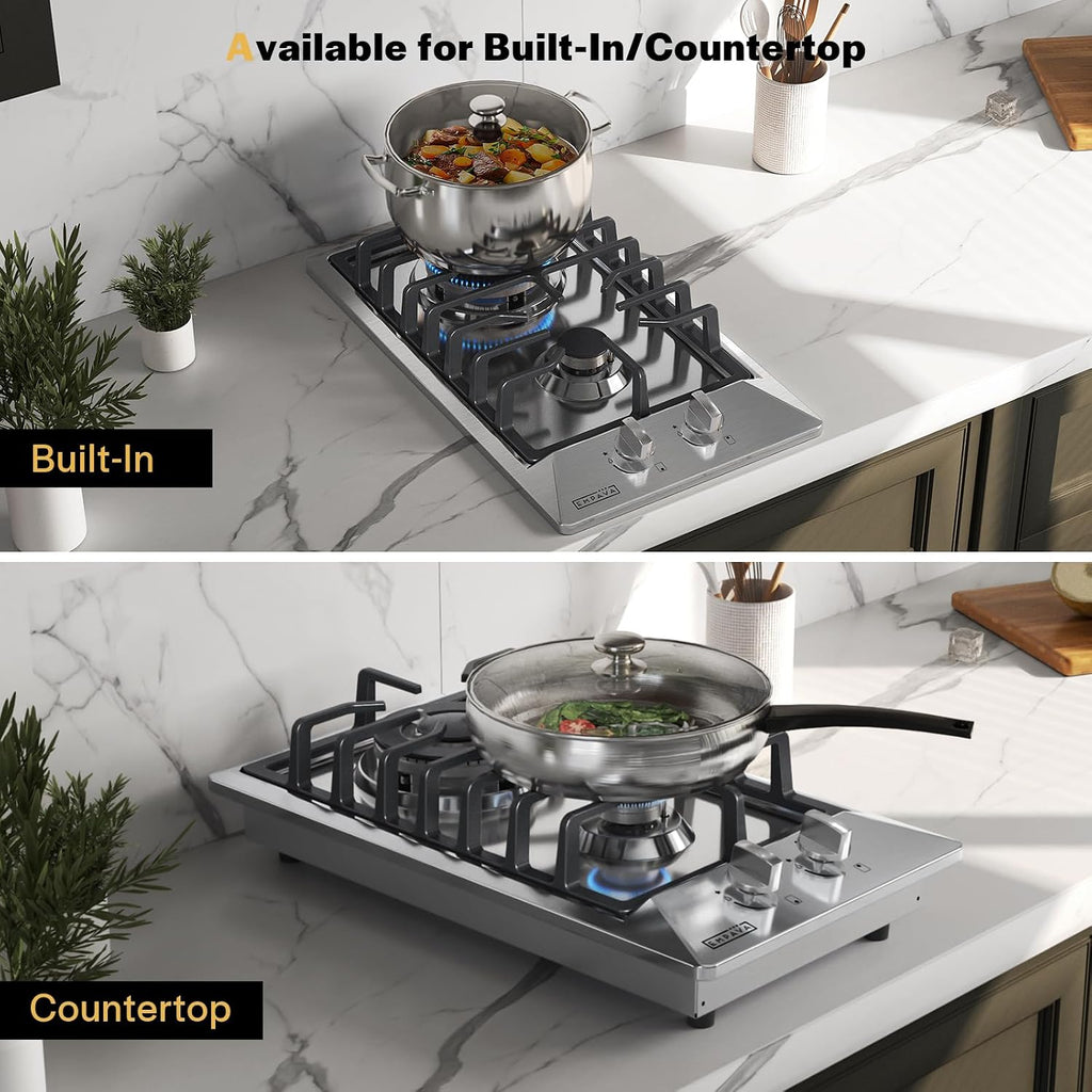 Empava 12' Gas Stove Cooktop with 2 Italy Sabaf Sealed Burners NG/LPG Convertible in Stainless Steel