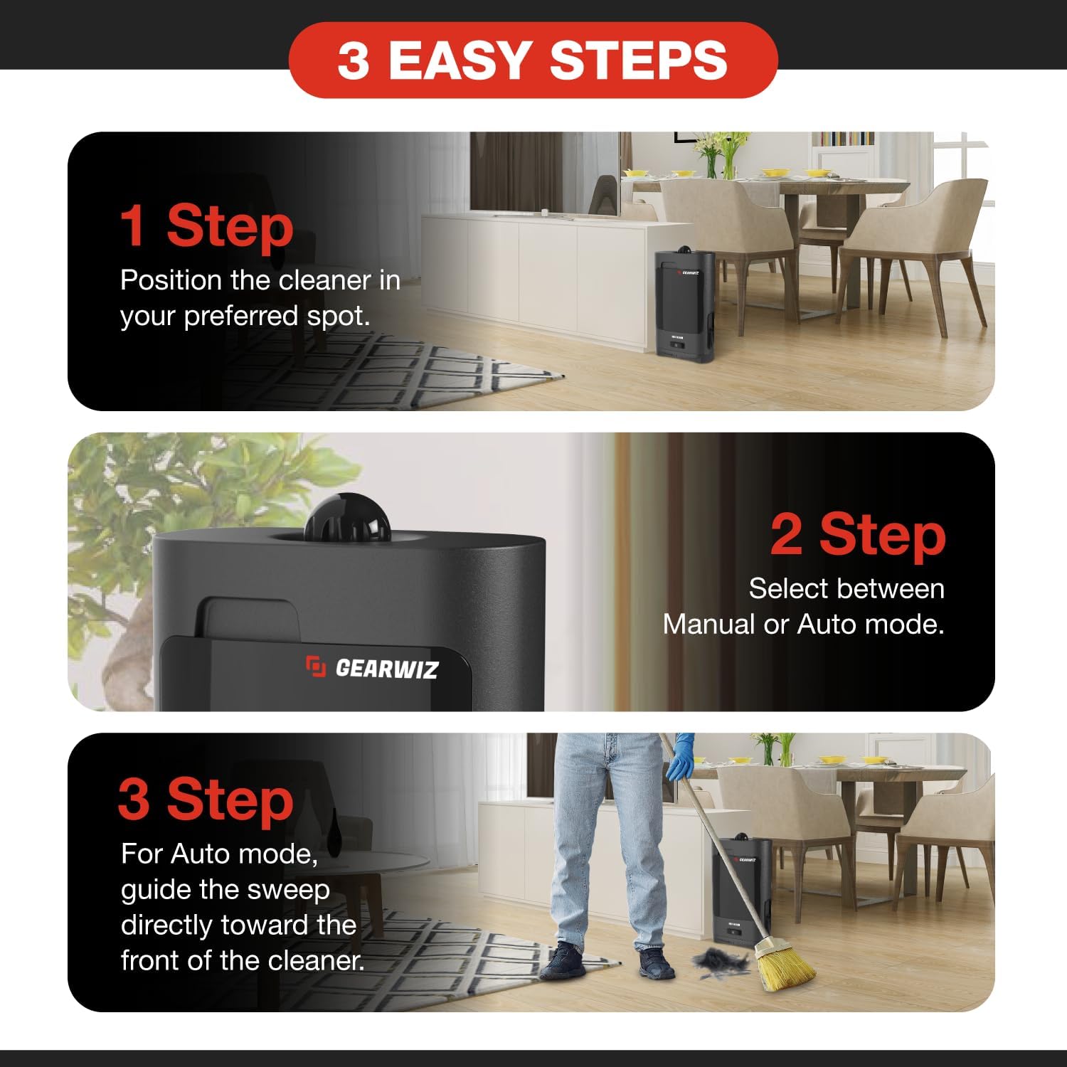 Gearwiz 1400W Touchless Automatic Vacuum Dustpan – Motion Sensor Hands-Free Electric Dustpan for Pet Hair Dirt & Debris – Powerful and Energy Efficient Cleaning Solution for Home Kitchen & Office