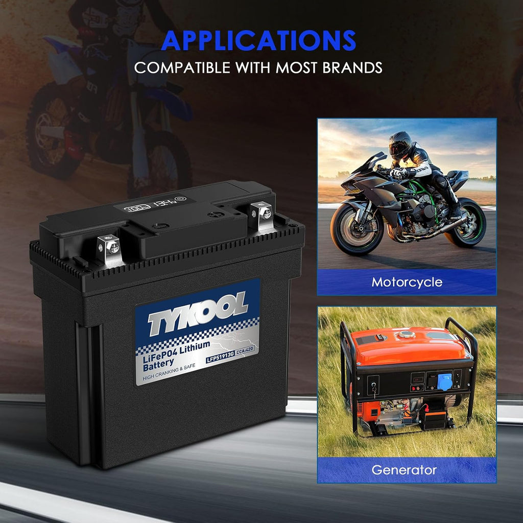 TYKOOL LFP51913G Lithium Motorcycle Battery, Replaces 51913 YT19BL-BS 51814, 420CCA 7Ah, Fits for BMW R1100GS R1100RT R850R K75RT K1200RS Moto Guzzi California 1100, IP66, LCD Monitor [- +]