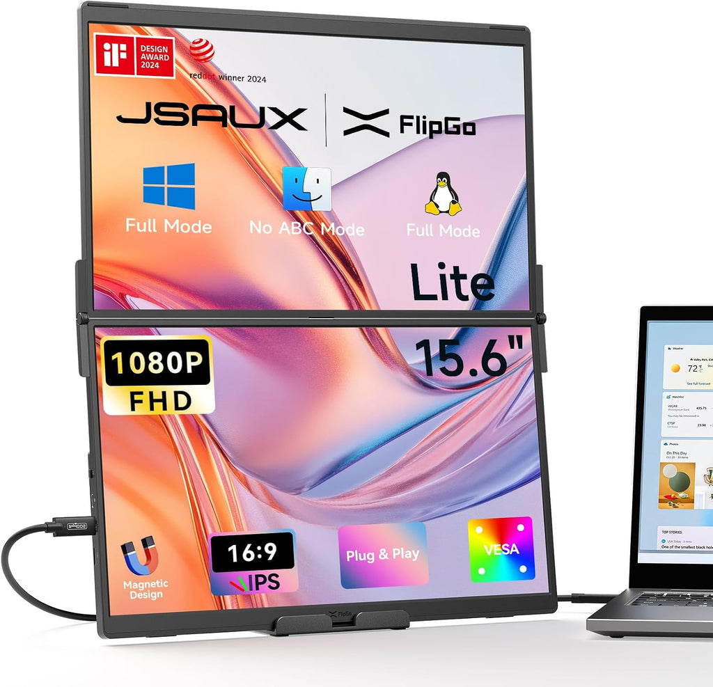 JSAUX FlipGo Lite 15.6' Portable Dual Stacked Monitor, 1080P FHD IPS Laptop Screen Extender One Cable for Triple Monitor Setup (For Windows&Linux) with Magnetic Design, Built-in Hub,No Driver Required
