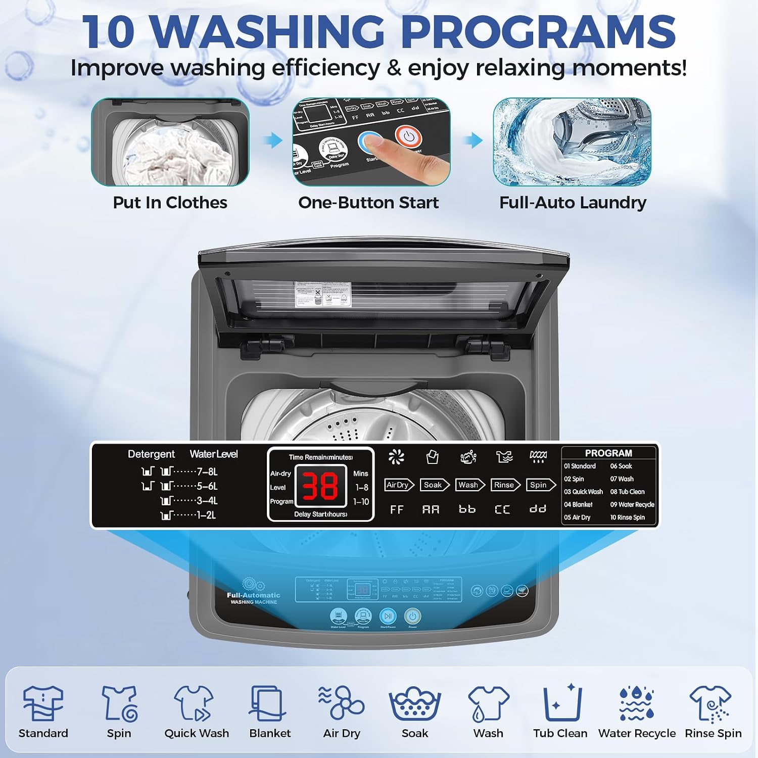 Nictemaw Portable Washing Machine, 20Lbs Capacity Portable Washer Machine, 2.8Cu.ft Washer and Dryer Combo with 10 Programs 8 Water Levels Compact Laundry Machine for Apartments-Slow-Close Glass Cover