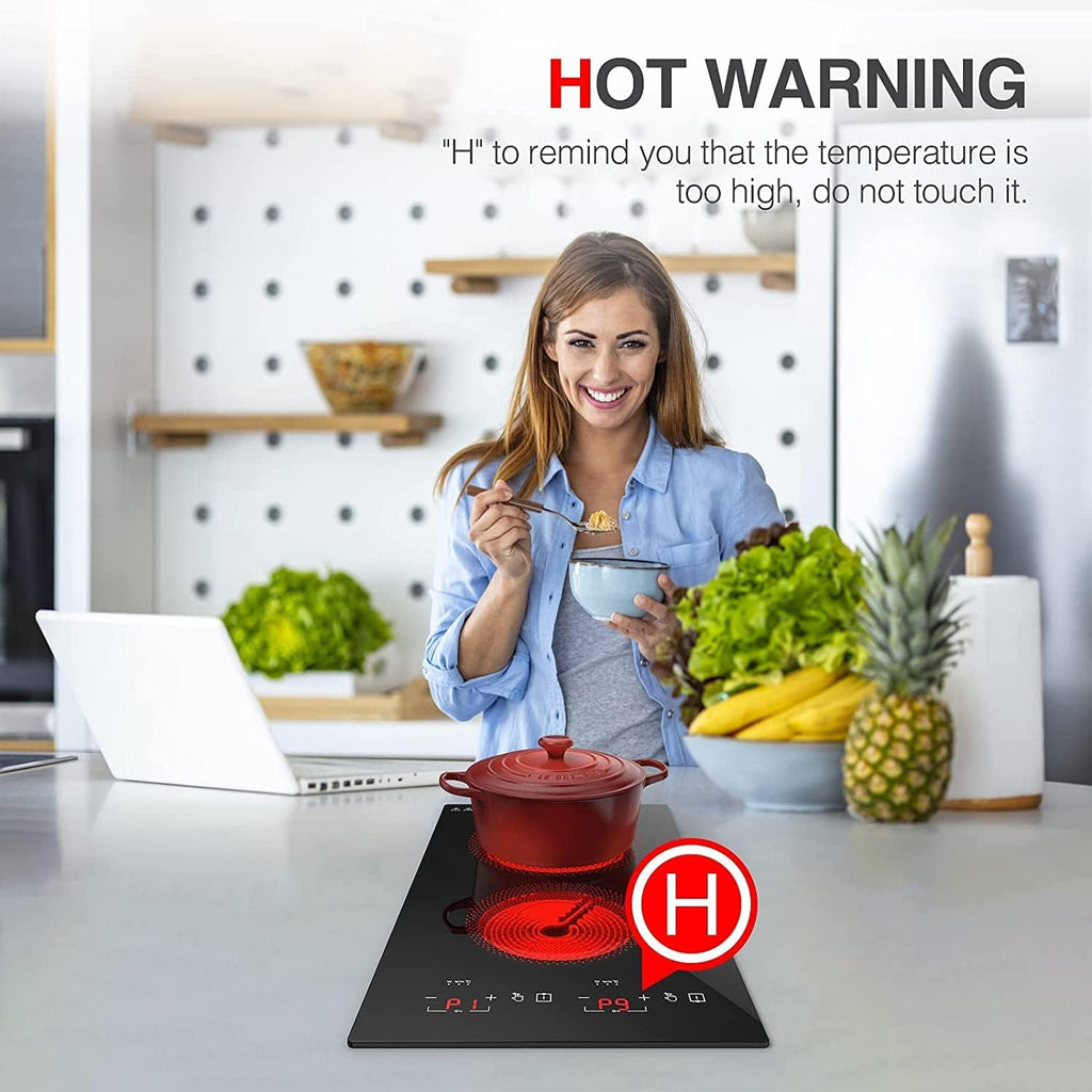 Electric Cooktop 2 Burner, 3000W Electric Stove Top 12' Plug in, 220-240V Burner Countertop and Bulit in,9 Power Levels,Suitable for All Pans,Infrared Burner