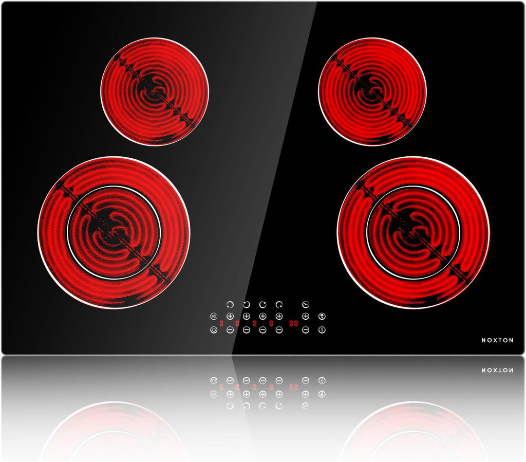 Noxton 30 Inch Electric Cooktop 4 Burners, Built in Electric stove top, Sensor Touch Ceramic Cooktop, Expandable Burners, Pause, Safety Lock, Timer, 7100W 220~240V (No Plug)