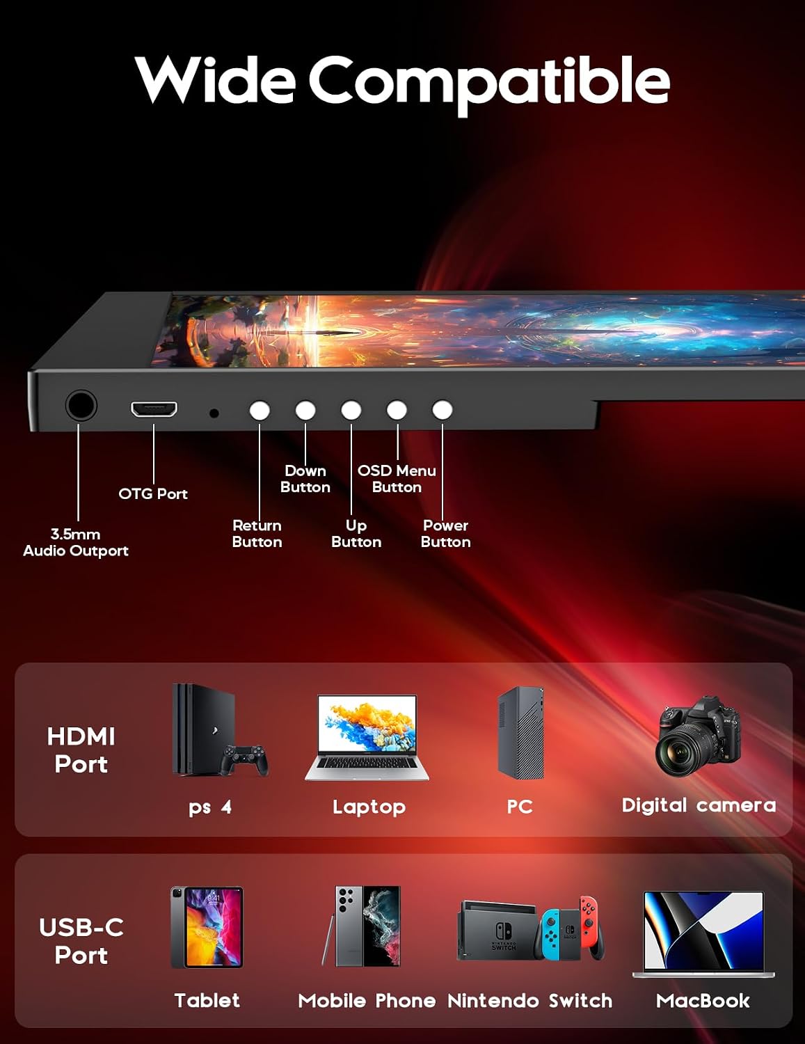 2.5K 144Hz Portable Monitor 18' 2560x1600 Portable Gaming Monitor 100% sRGB FreeSync HDR Laptop Monitor w/VESA & Case, 16: 10 Wide Screen IPS External Monitors for Mac Switch Xbox PS4/5