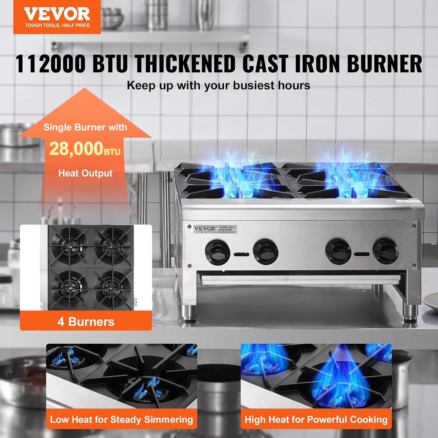 VEVOR Commercial Gas Stove with 4 Burners, Propane and Natural Gas Countertop Cooking Stove Range, Stainless Steel Gas Hot Plate, Commercial Cooking Equipment for Restaurant, 112,000 BTU