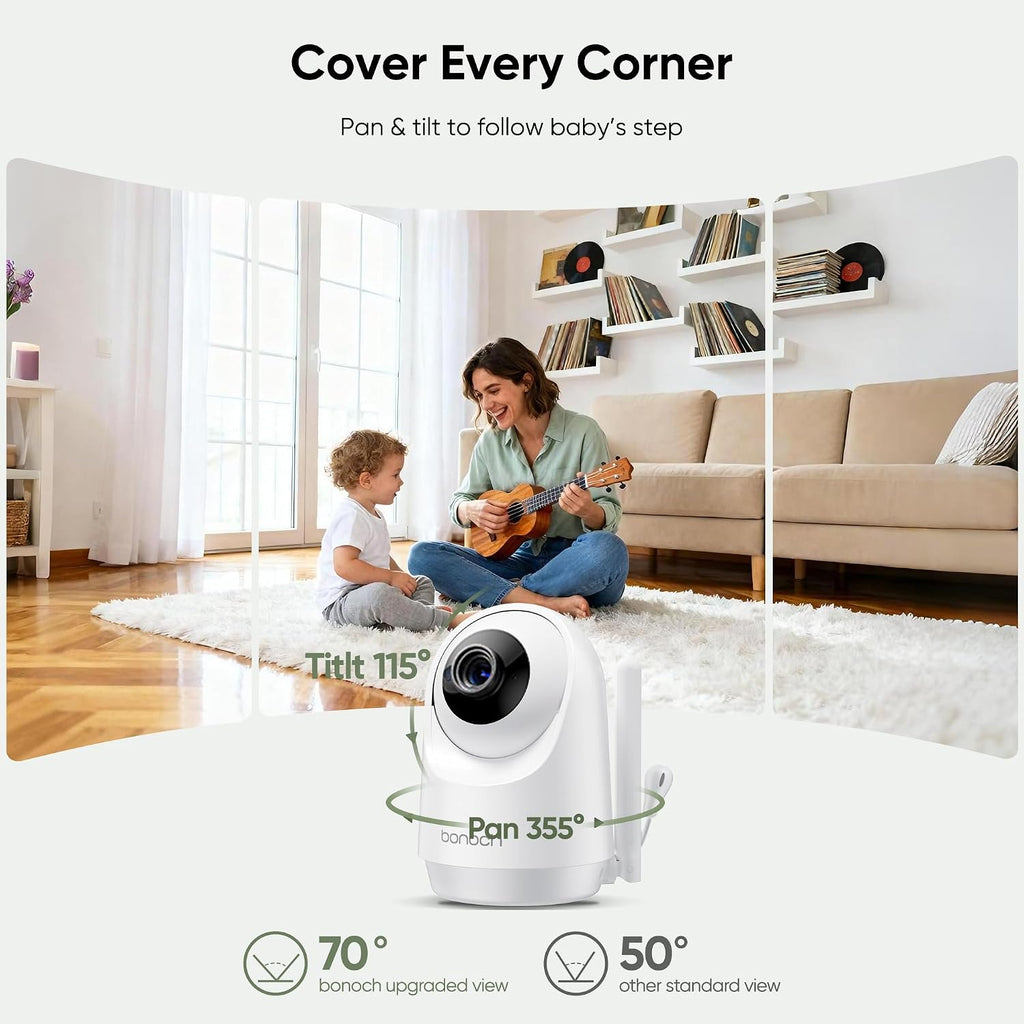 bonoch Upgraded 1080P Baby Monitor with 2 Cameras, 7' MegaView Split Screen Baby Monitor No WiFi, Dual Video Monitor with Camera and Audio, 6000mAh, White Noise, 2 Way Audio, PTZ, Night Vision