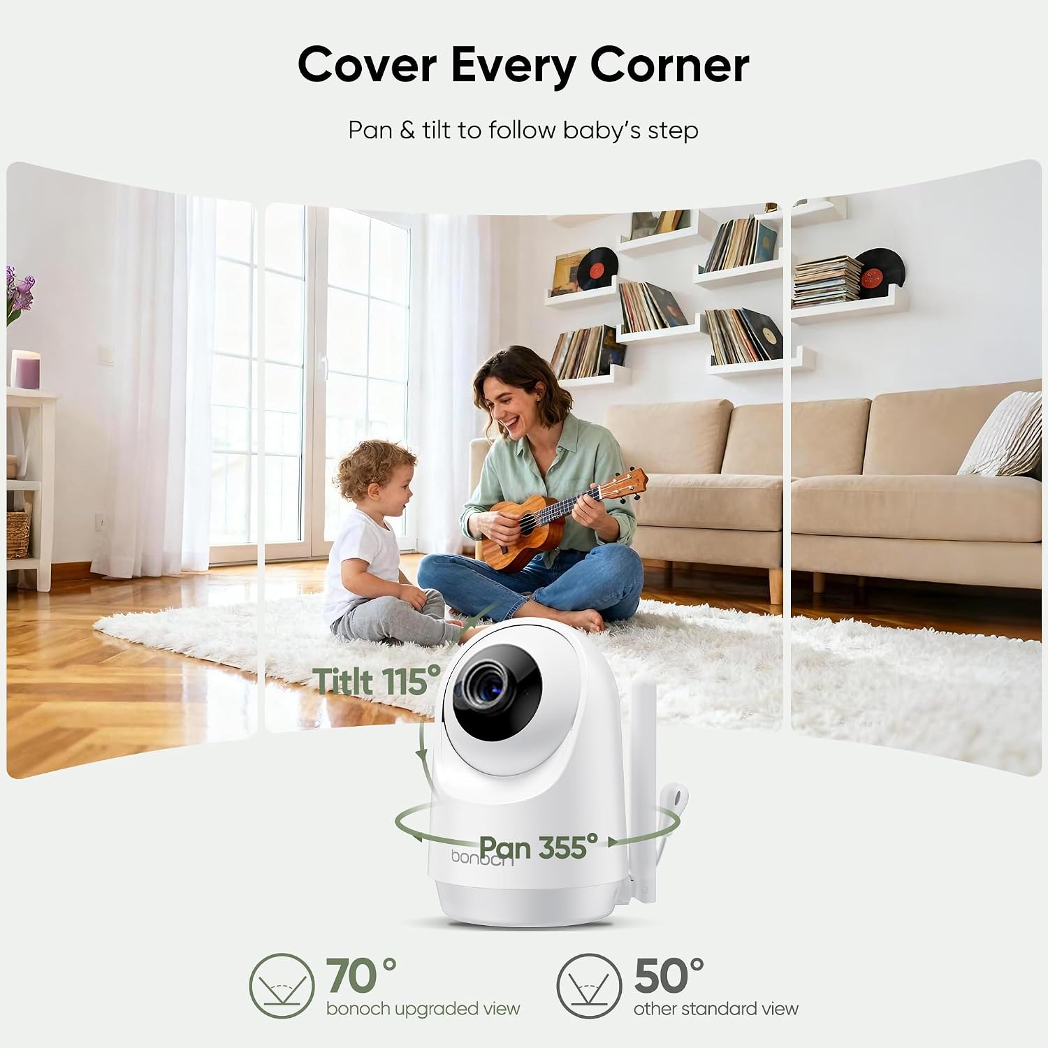 bonoch Upgraded 1080P Baby Monitor with 2 Cameras, 7' MegaView Split Screen Baby Monitor No WiFi, Dual Video Monitor with Camera and Audio, 6000mAh, White Noise, 2 Way Audio, PTZ, Night Vision