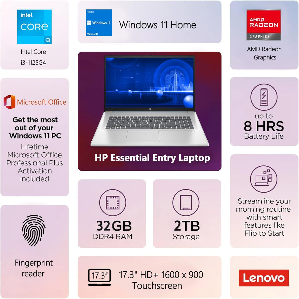 HP 17 Laptop, 17.3' HD+ Display, 11th Gen Intel Core i3-1125G4 Processor, 16GB RAM, 512GB SSD, Wi-Fi, HDMI, Webcam, Windows 11 Home, Silver