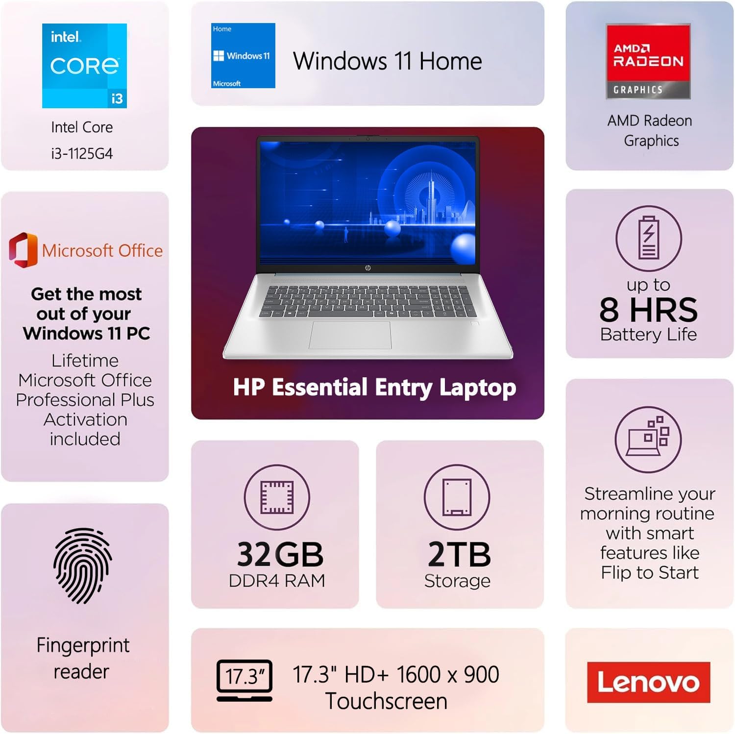 HP 17 Laptop, 17.3' HD+ Display, 11th Gen Intel Core i3-1125G4 Processor, 16GB RAM, 512GB SSD, Wi-Fi, HDMI, Webcam, Windows 11 Home, Silver